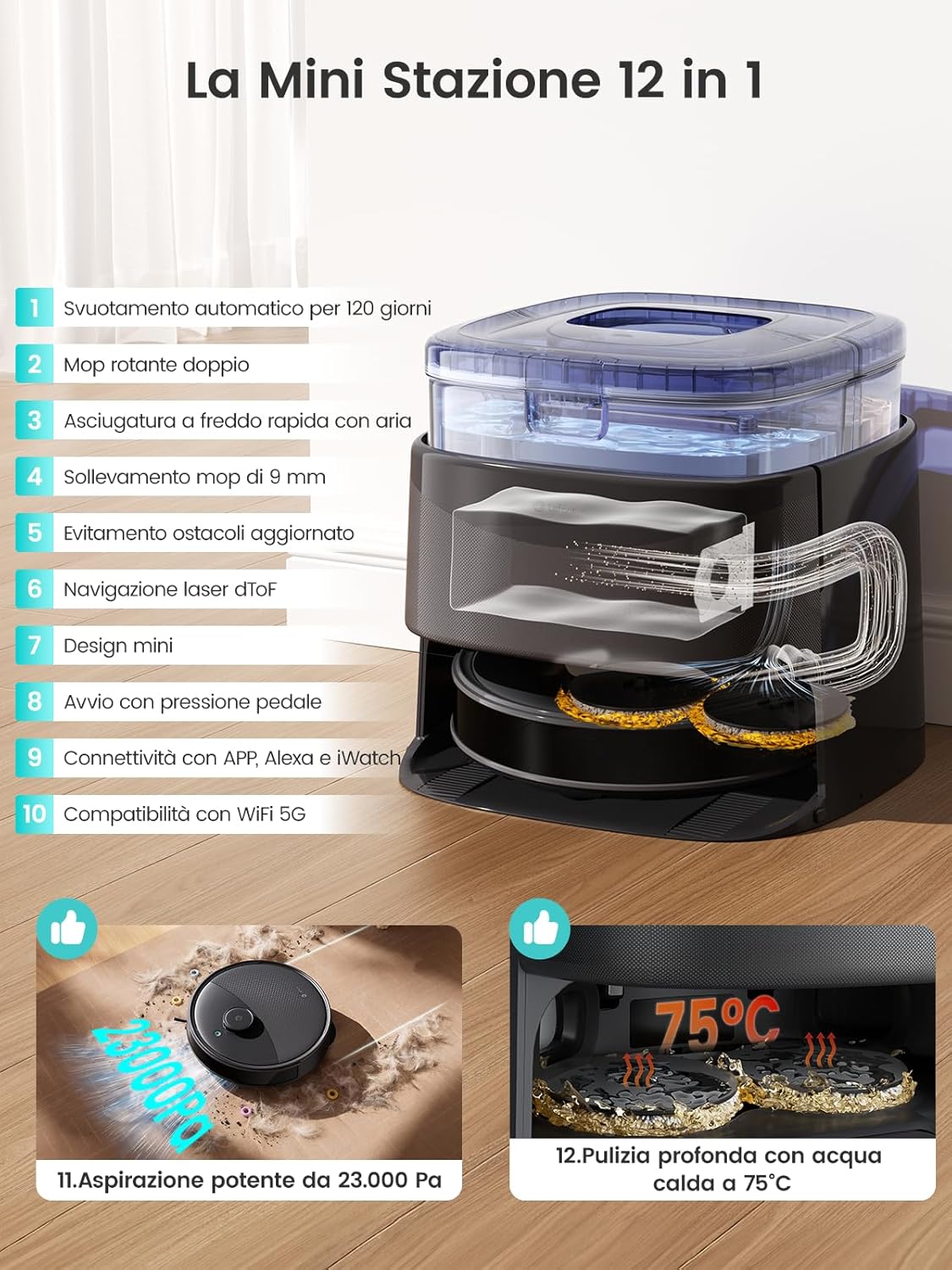 Thumbnail 1 de Lefant M3 Ultra robot aspirapolvere lavapavimenti con mappatura laser dToF 360°, 23.000Pa e autosvuotamento (nero)