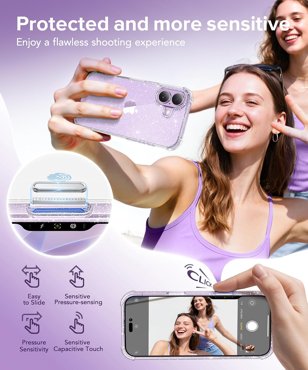 Detalle de BERFY for iPhone 17 Women’s Clear Glitter Case (Sparkle Clear) with Screen & Camera Lens Protectors, 6.3