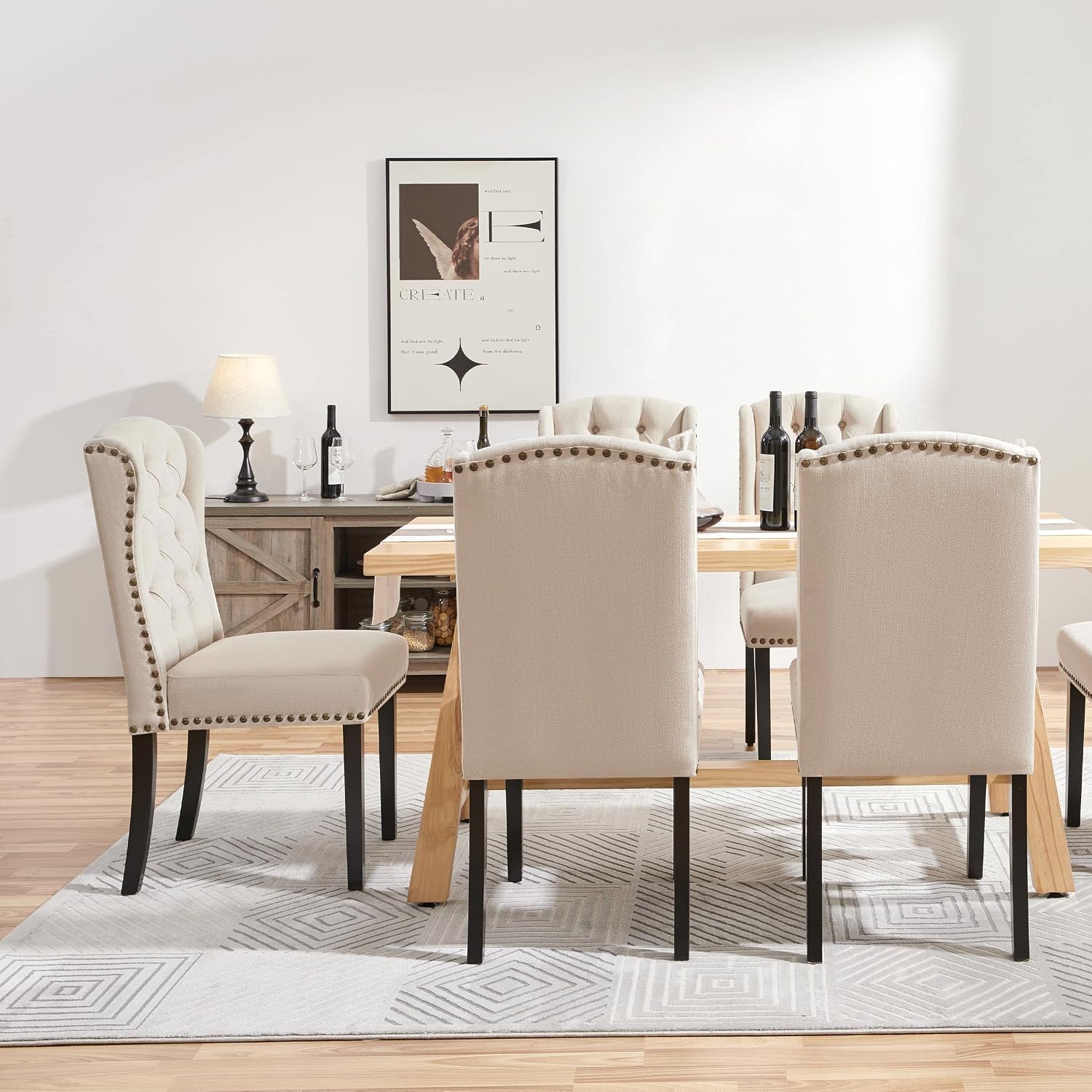 Thumbnail 1 de Yaheetech Upholstered Button Tufted Dining Room Chairs (Set of 2) with Nailhead Trims and Solid Legs, Beige