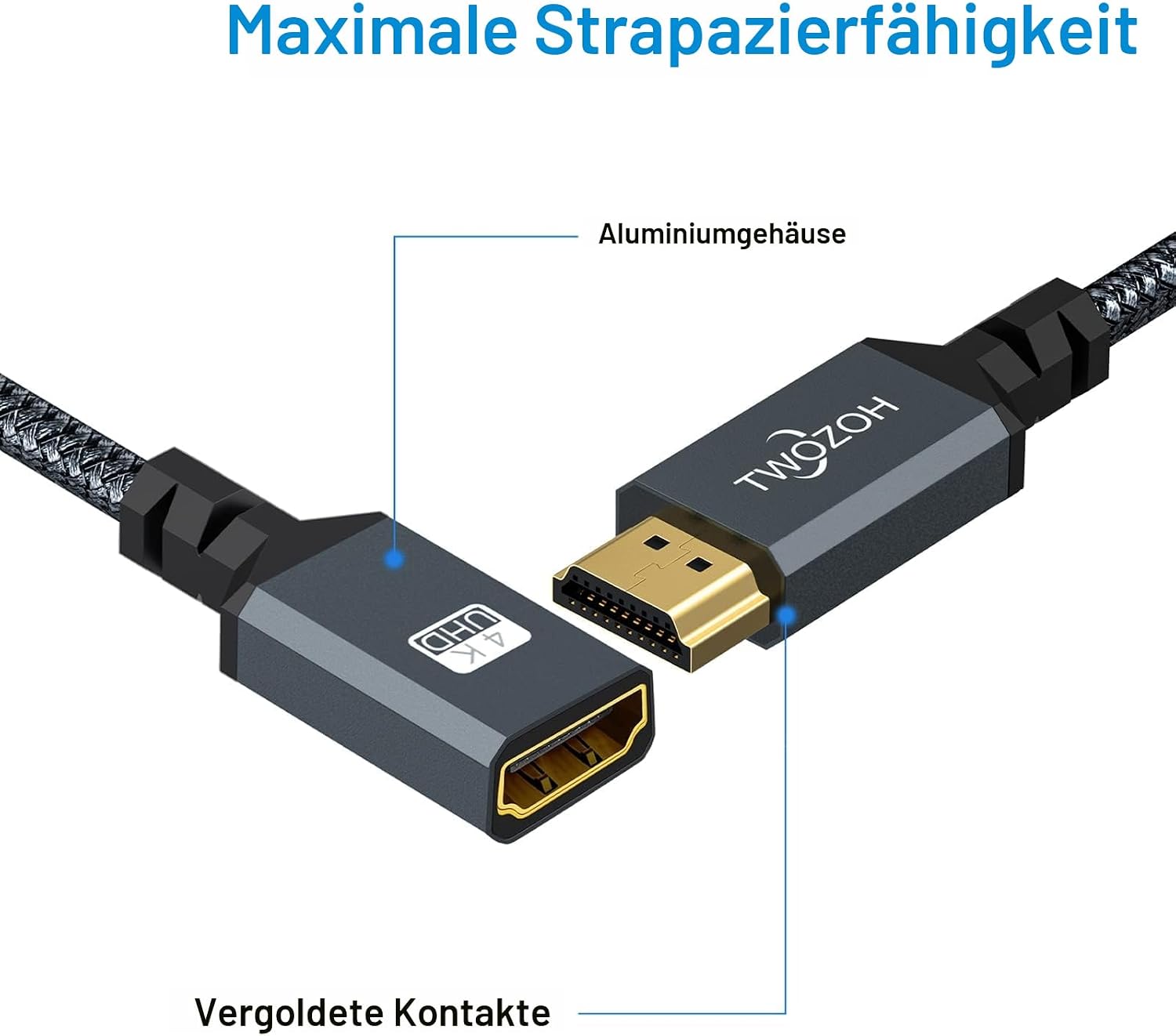 Detalle de Twozoh HDMI Verlängerungskabel 0,5 m – HDMI Stecker auf HDMI Buchse, 24K vergoldete Kontakte, 4K/3D kompatibel