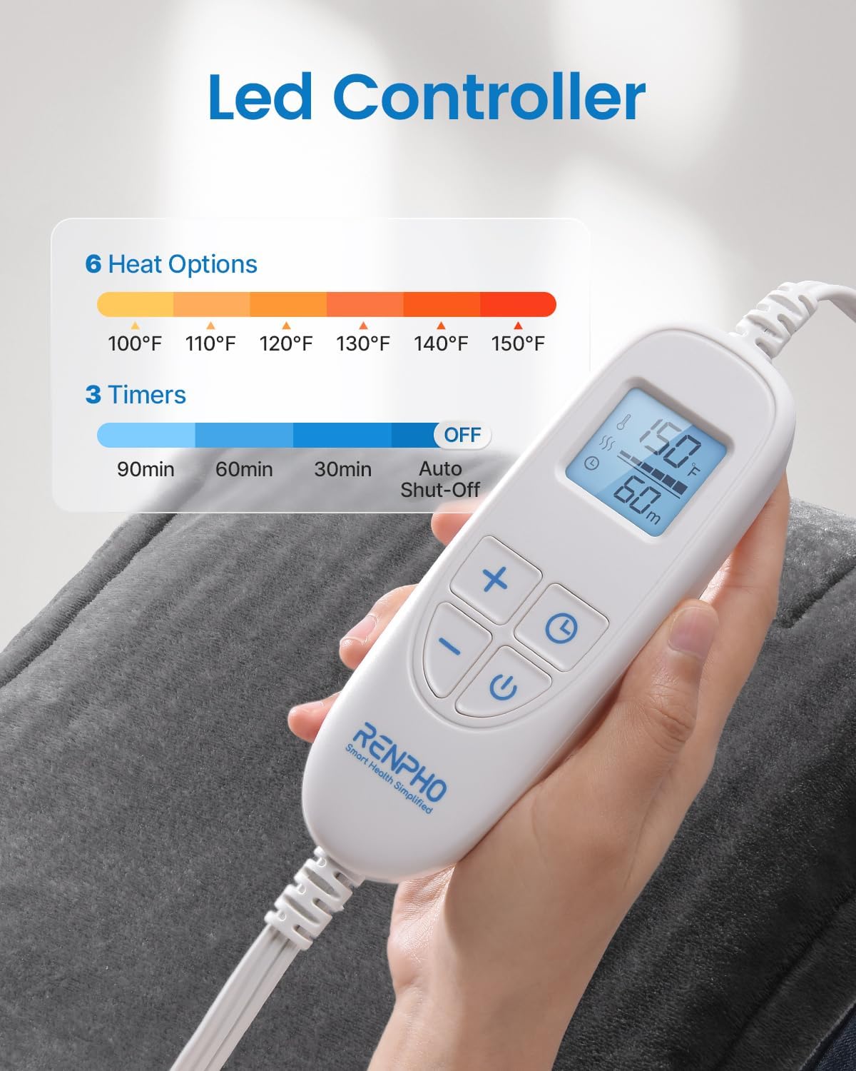 Detalle de RENPHO R-HAP61 Electric Heating Pad, 24" x 33", 6 Heat Settings