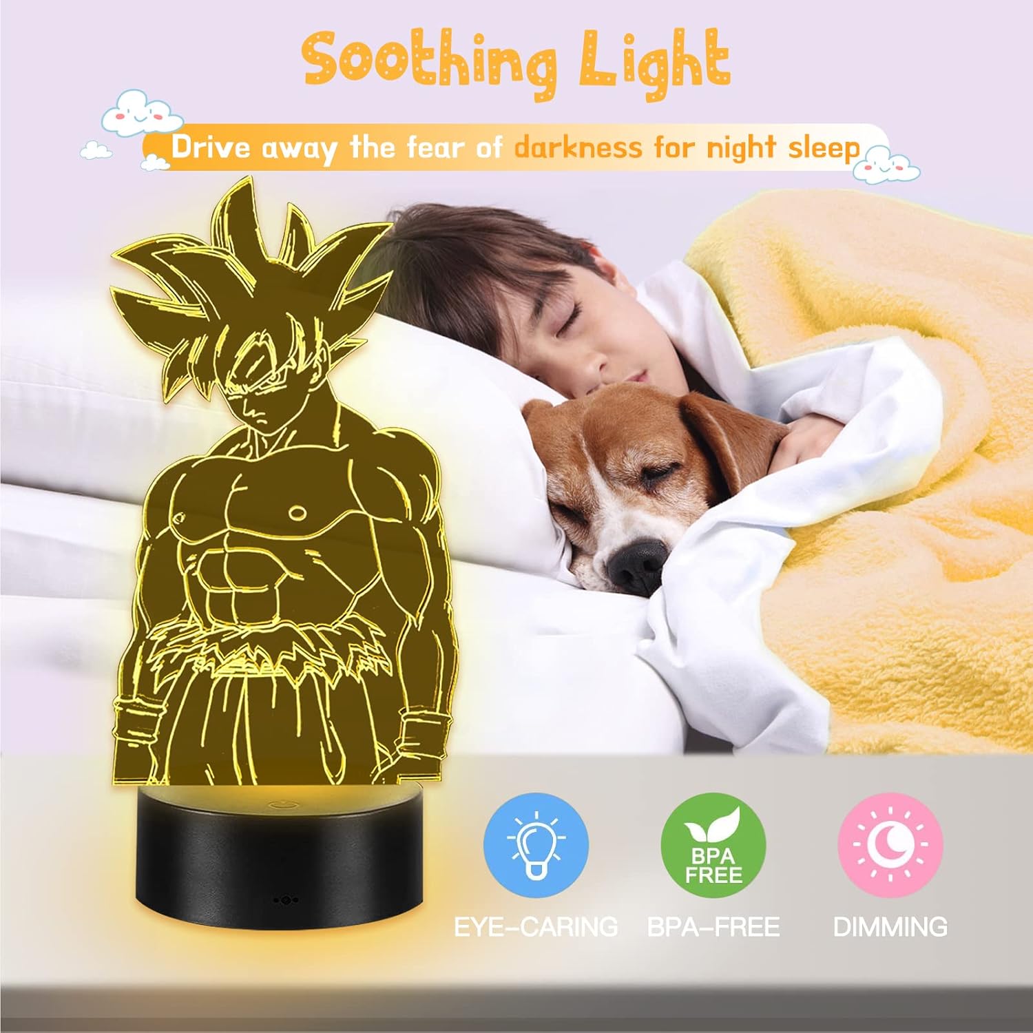 Detalle de Eygerur Goku 3D LED Night Light with Remote & Touch — 7 Colours + 16 Colour Change, USB/Battery Powered