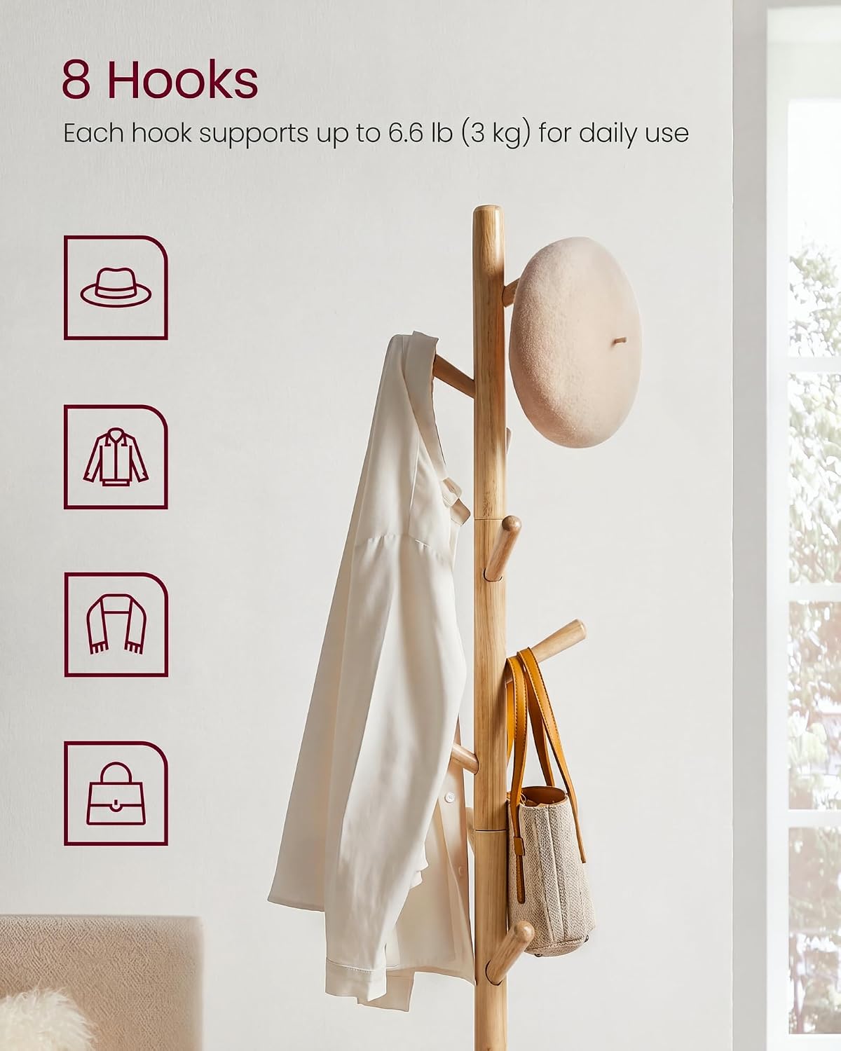 Detalle de VASAGLE Andi Collection RCR010N01 Wooden Coat Rack, 8 Hooks, Natural Rubberwood