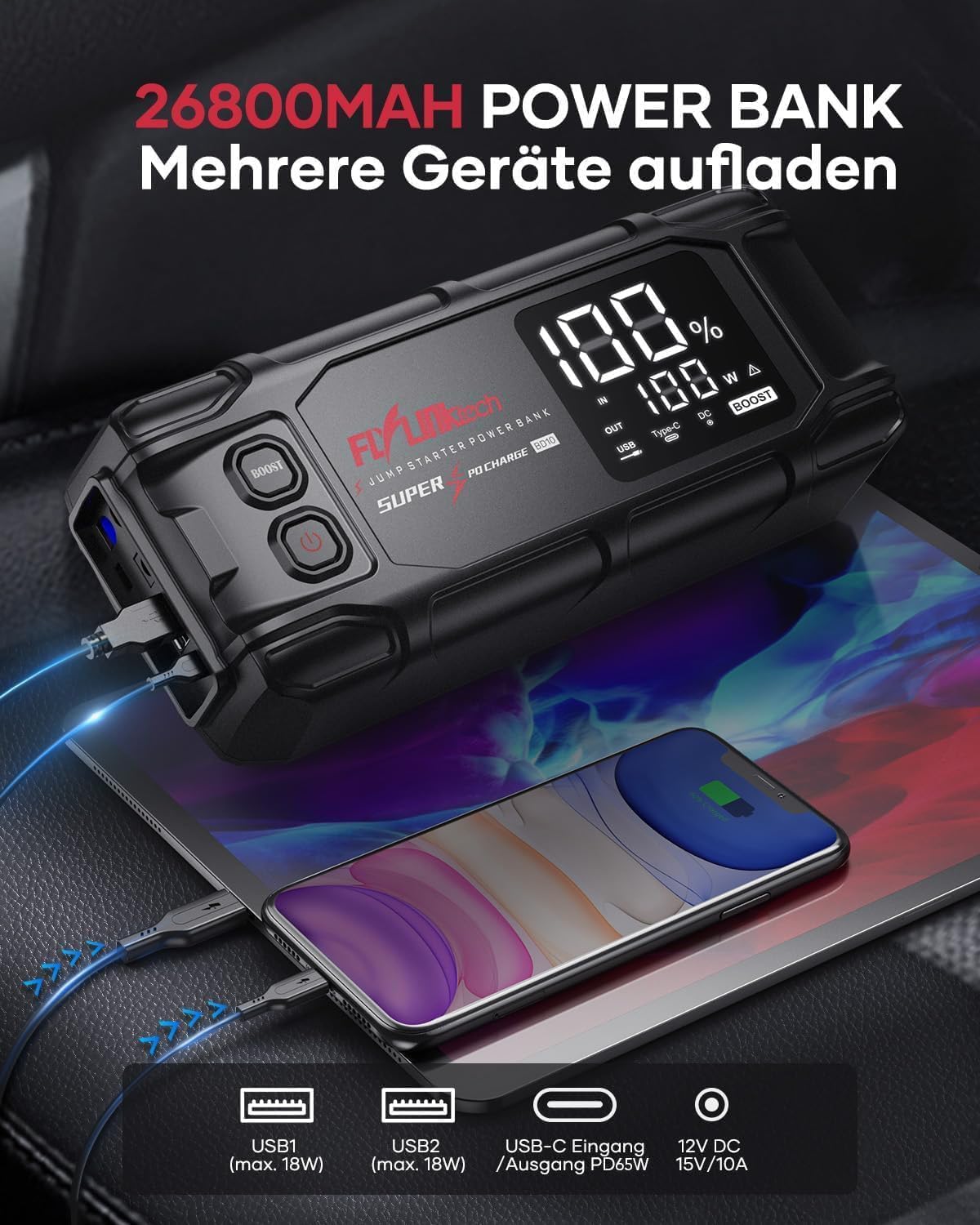 Detalle de FLYLINKTECH 8000A Starthilfe Powerbank 26800mAh