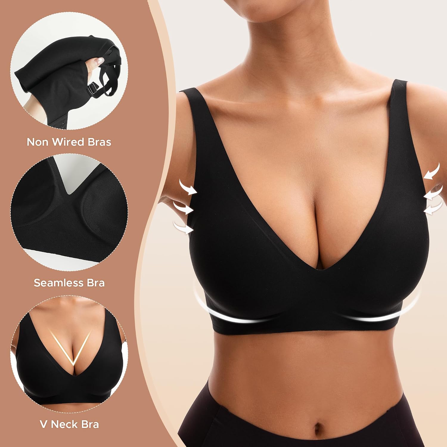 Detalle de INNERSY Seamless Comfort Non-Wired Padded Bralette with Extender – Everyday V-Neck
