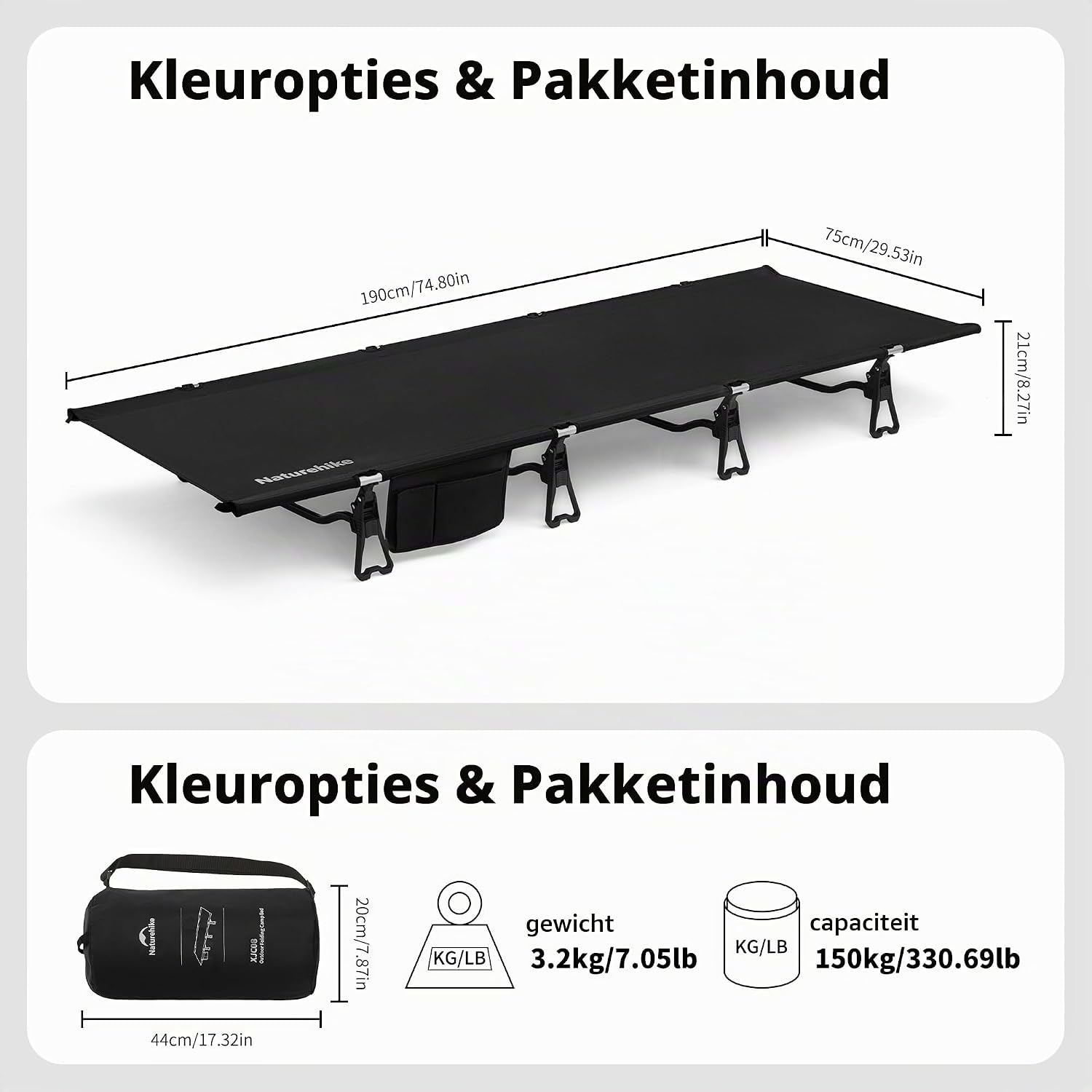 Detalle de Naturehike 6977465866622 campingbed L, aluminium frame, 190 x 75 x 21 cm