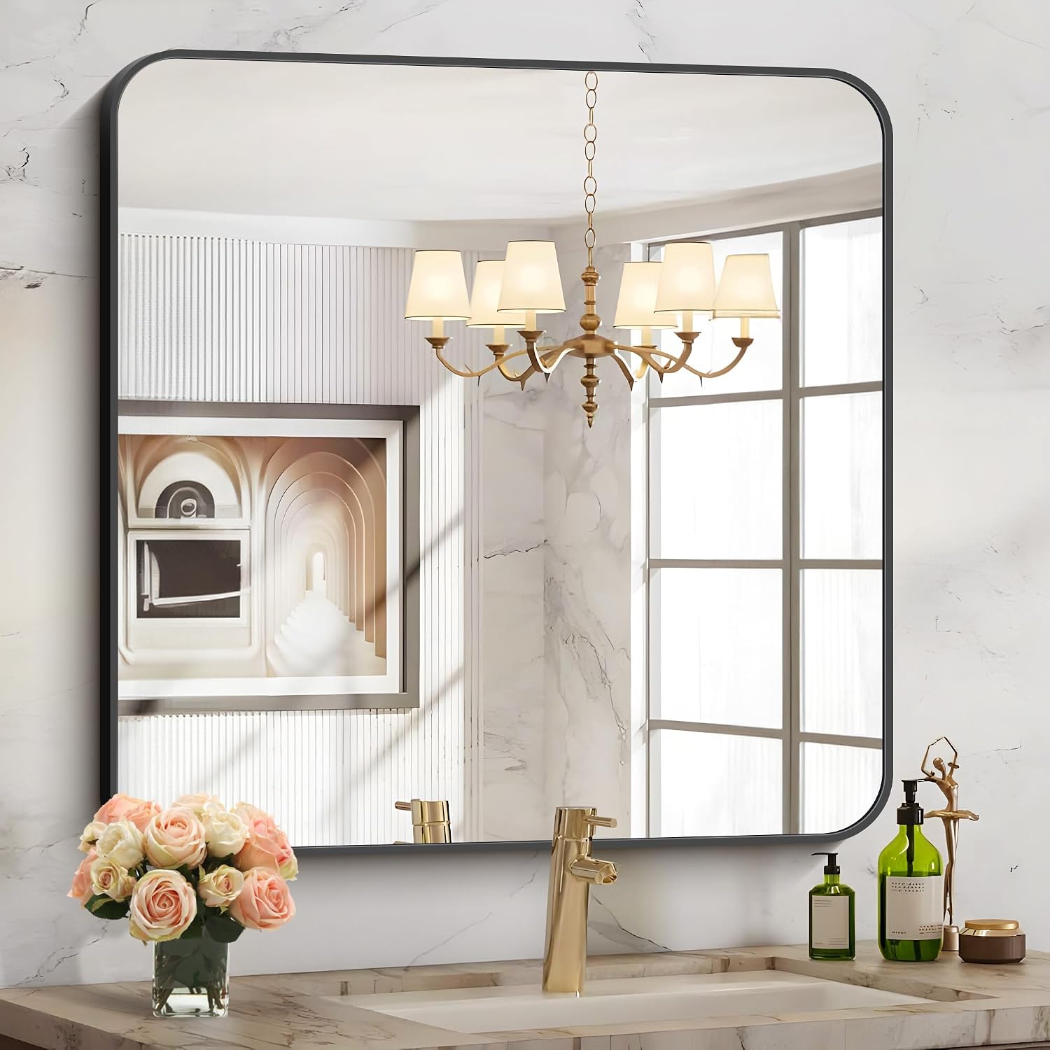 Detalle de COFENY 30 x 30 Inch Square Bathroom Mirror with Black Metal Frame