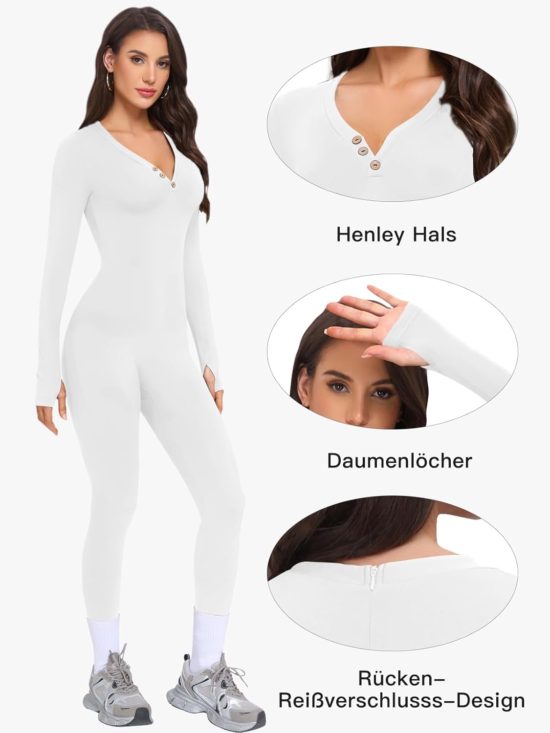Detalle de VUTRU Damen Sport Jumpsuit Lang – Enganliegender Yoga-Body mit verstecktem Reißverschluss