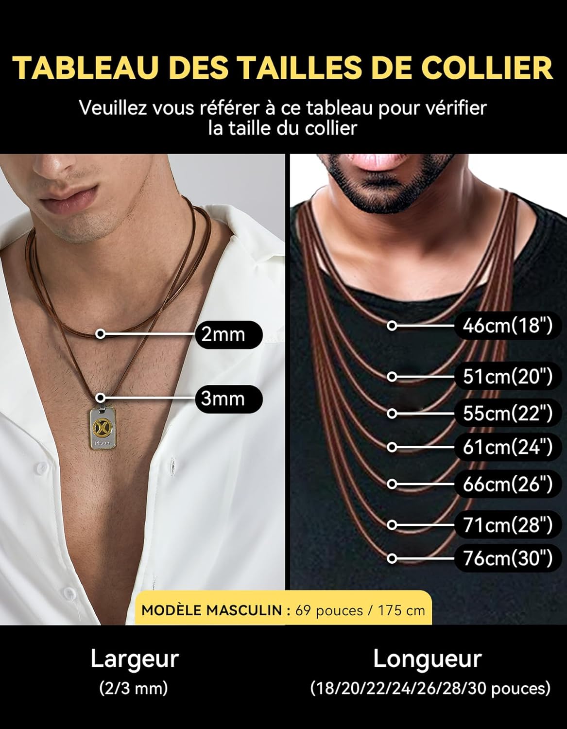 Detalle de ChainsHouse Chaîne Collier Cuir Homme – Cordon de Cire 2 mm, 41–76 cm, Marron/Noir, Fermoir inox 316L