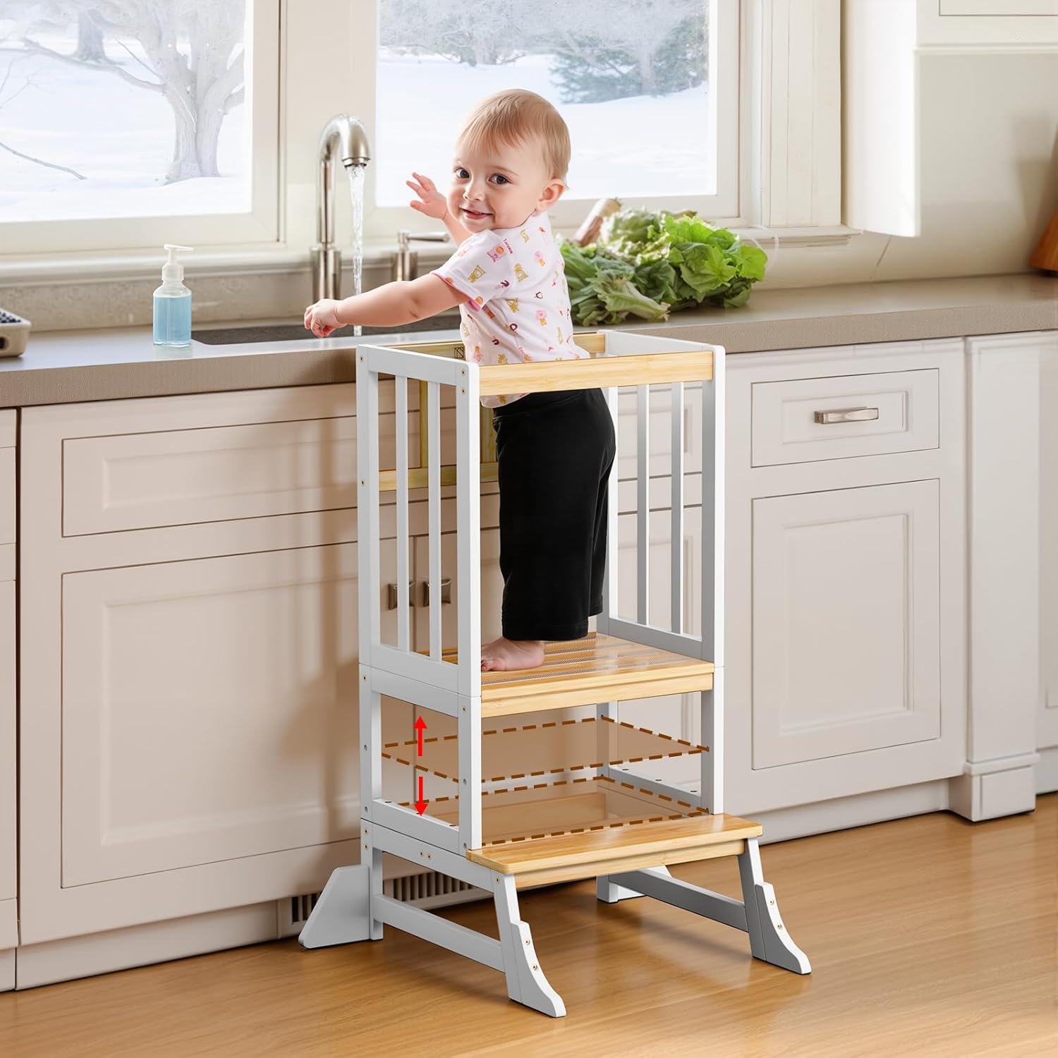 Detalle de COSYLAND Height-Adjustable Toddler Standing Tower: Stable, Lightweight Kitchen Stool for Growing Kids