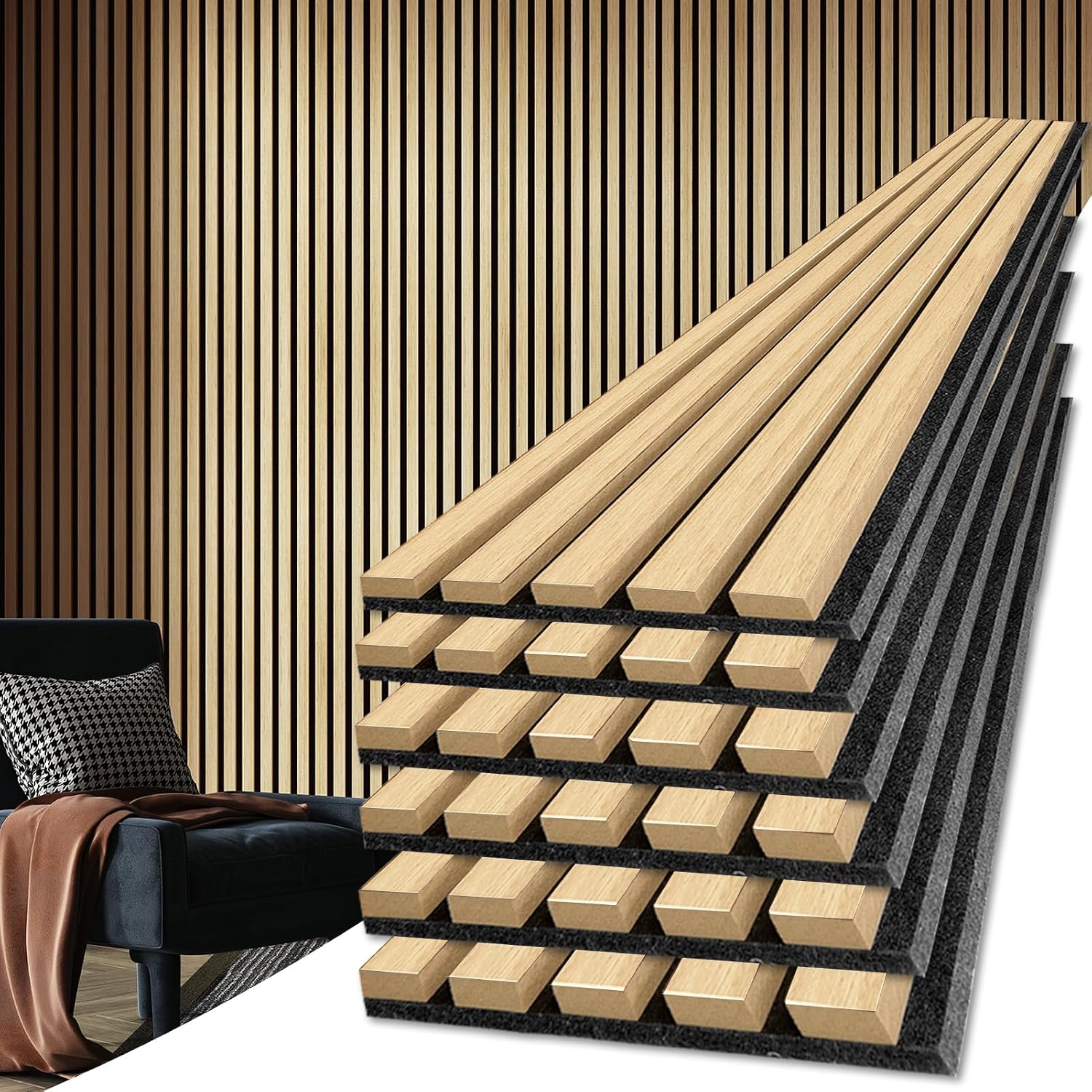 Detalle de Art3d 6-Pack 3D Textured Wood Slat Wall Panels, Oak, 94.5 x 7.9 in