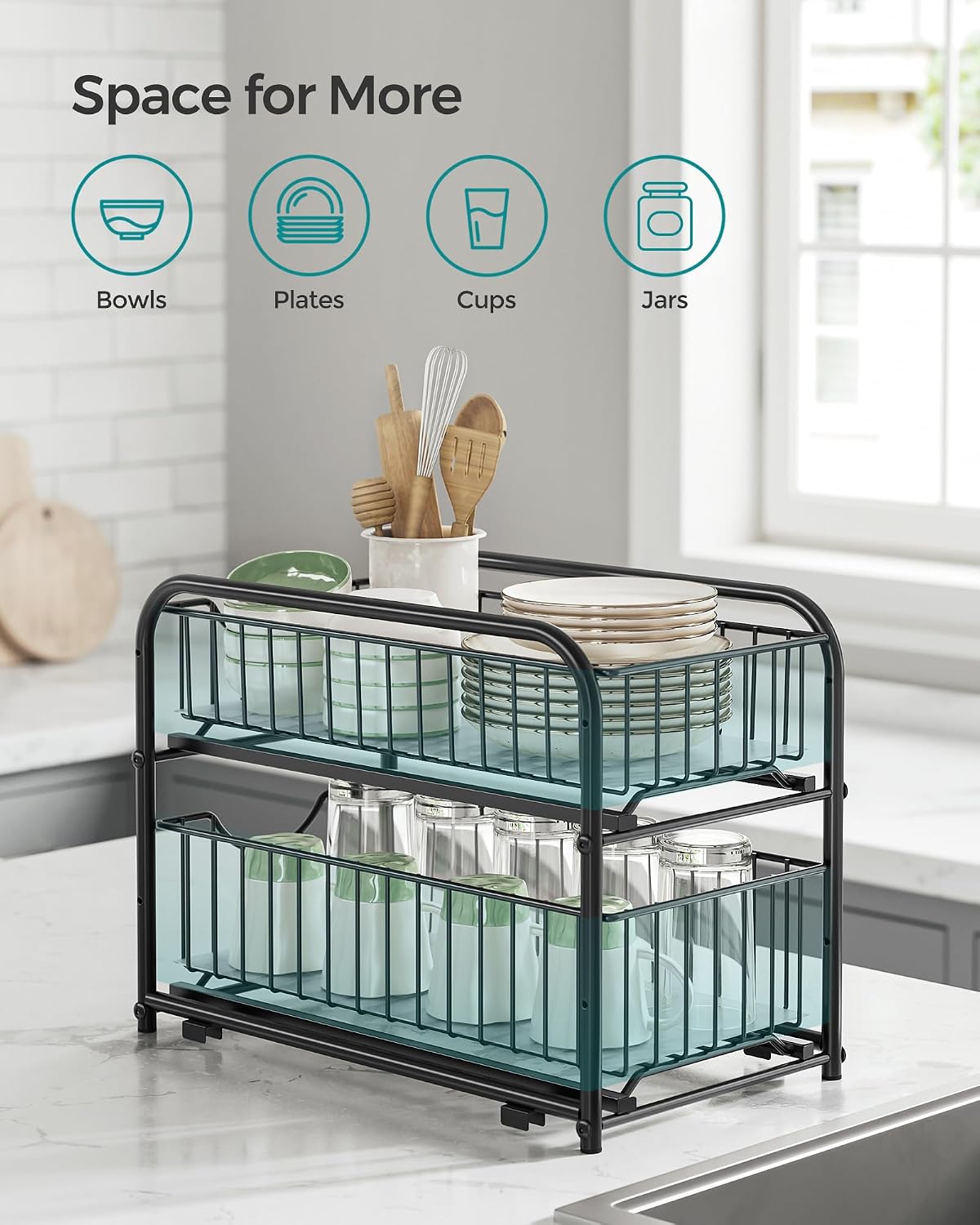 Detalle de SONGMICS UKCS017B01 Pull-Out Cabinet Organizer, 2-Tier Adjustable Steel Baskets, Ink Black