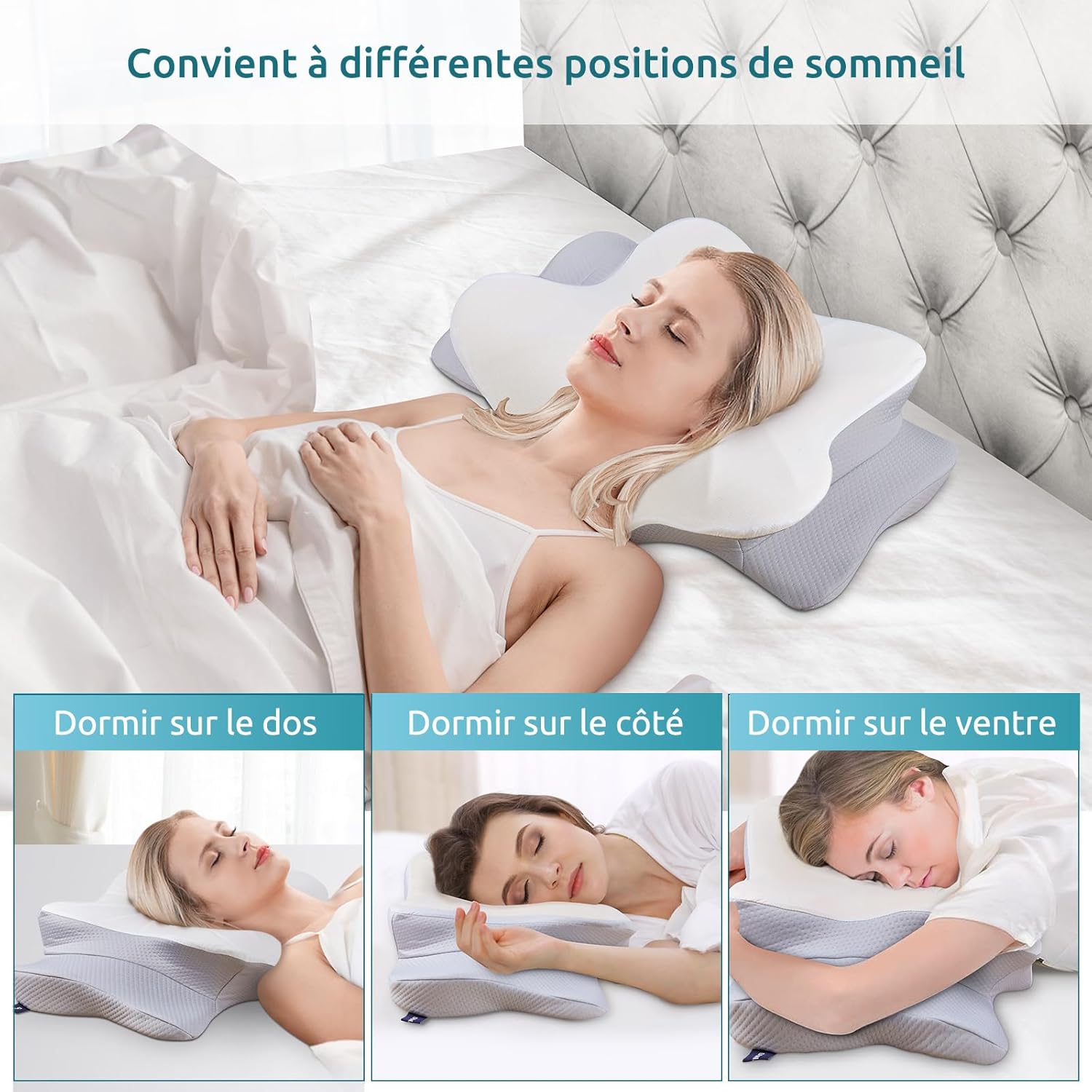 Thumbnail 2 de DONAMA Oreiller Ergonomique Cervical en Mousse à Mémoire CertiPUR-US – 9 et 14 cm, avec Taie d’oreiller respirante