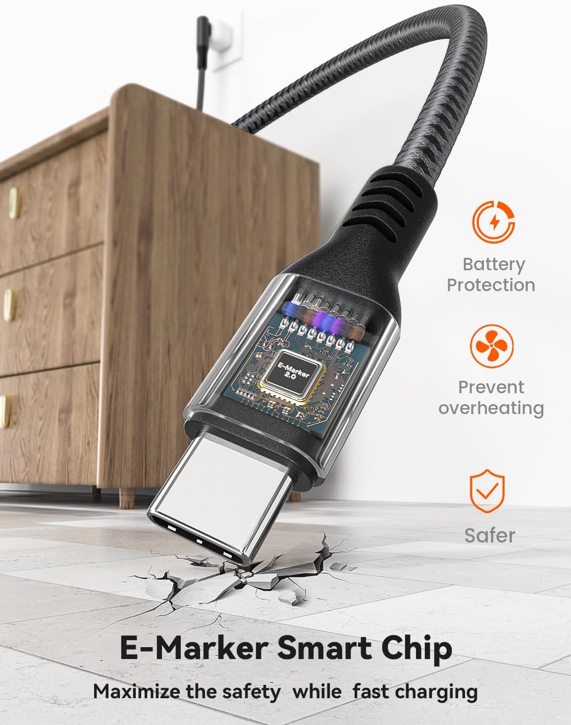 Thumbnail 3 de XAOSUN 240W USB-C auf USB-C Kabel 3m – 90° Schnellladekabel aus Nylon, PD 3.1