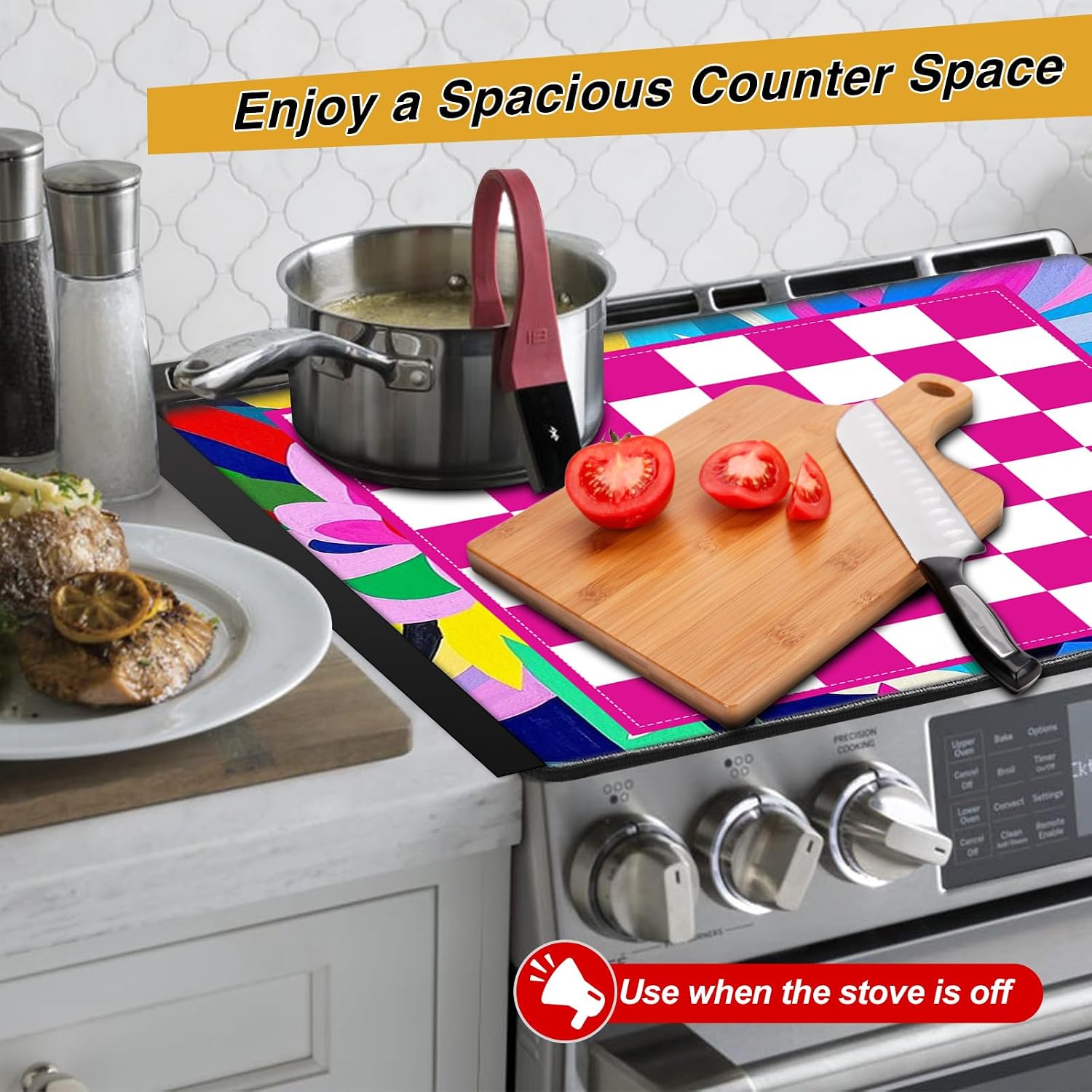 Detalle 2 de KitchenRaku Stove Cover, 52x78 cm Silicone Cooktop Protector, Checkered & Floral