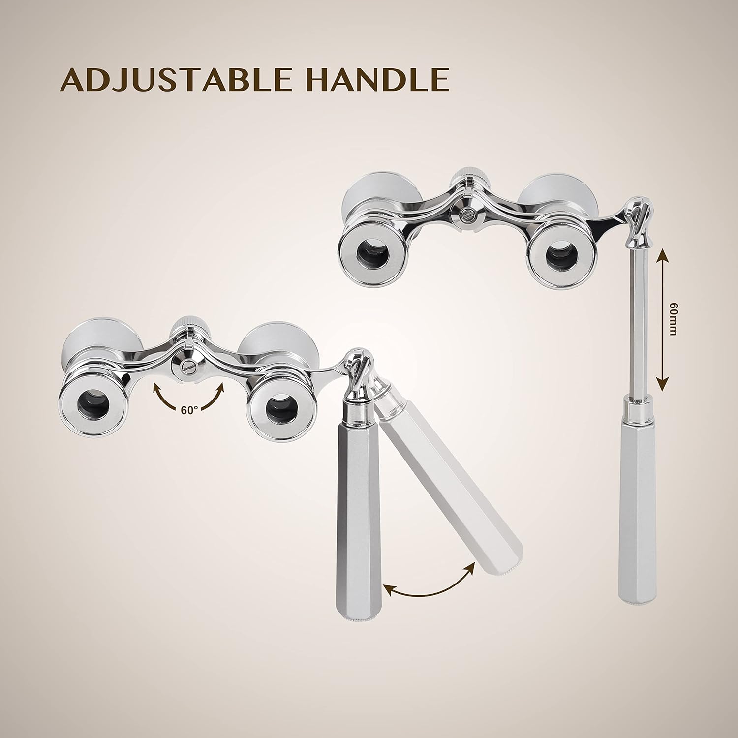 Detalle 2 de AOMEKIE Jumelles de théâtre lorgnette avec poignée 3X (argent) – longues vues en métal pour spectacles, tourisme et concerts