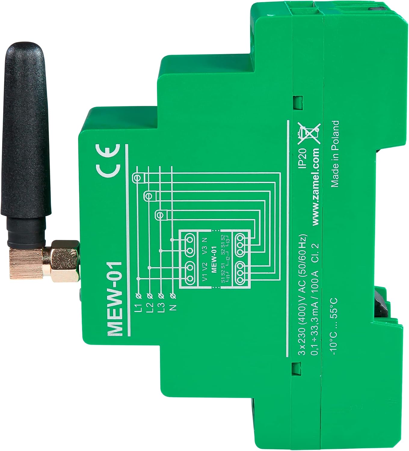 Detalle de Zamel Supla MEW-01/ANT – trójfazowy monitor energii Wi-Fi z anteną zewnętrzną