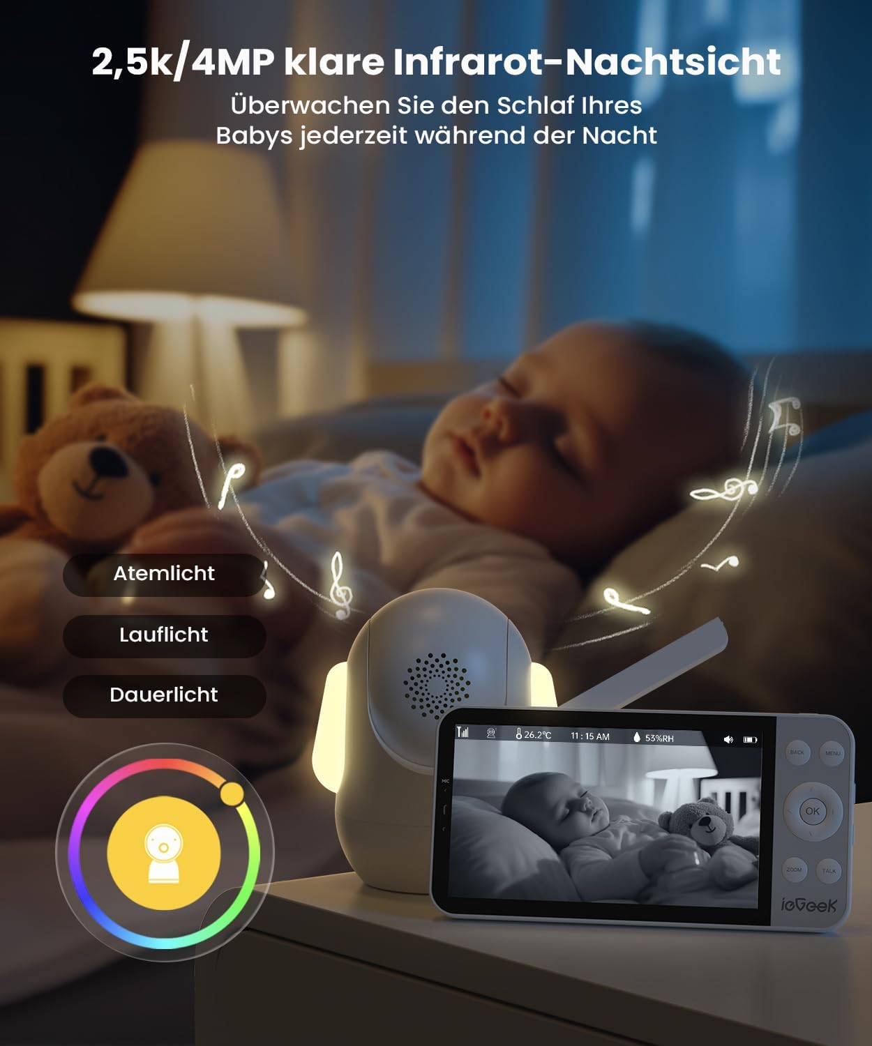 Detalle 2 de ieGeek Babyphone mit 2 Kameras (2,5K/4MP) WLAN, App, 360°-PTZ & AI-Erkennung