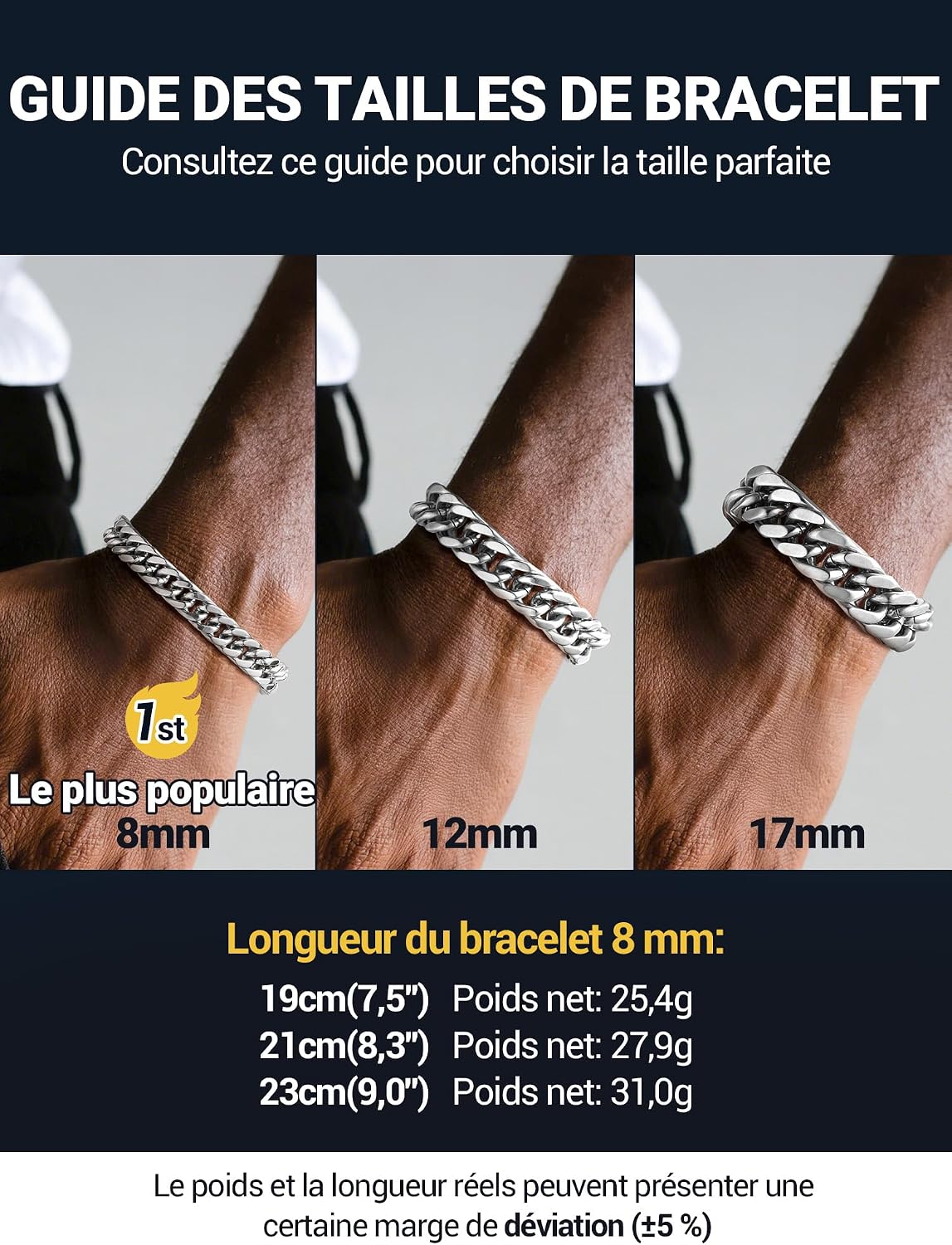 Detalle de PROSTEEL Gourmette homme en acier inoxydable 316L (19 cm) – chaîne à maillons, largeur 8/12/17 mm, plaqué or/noir