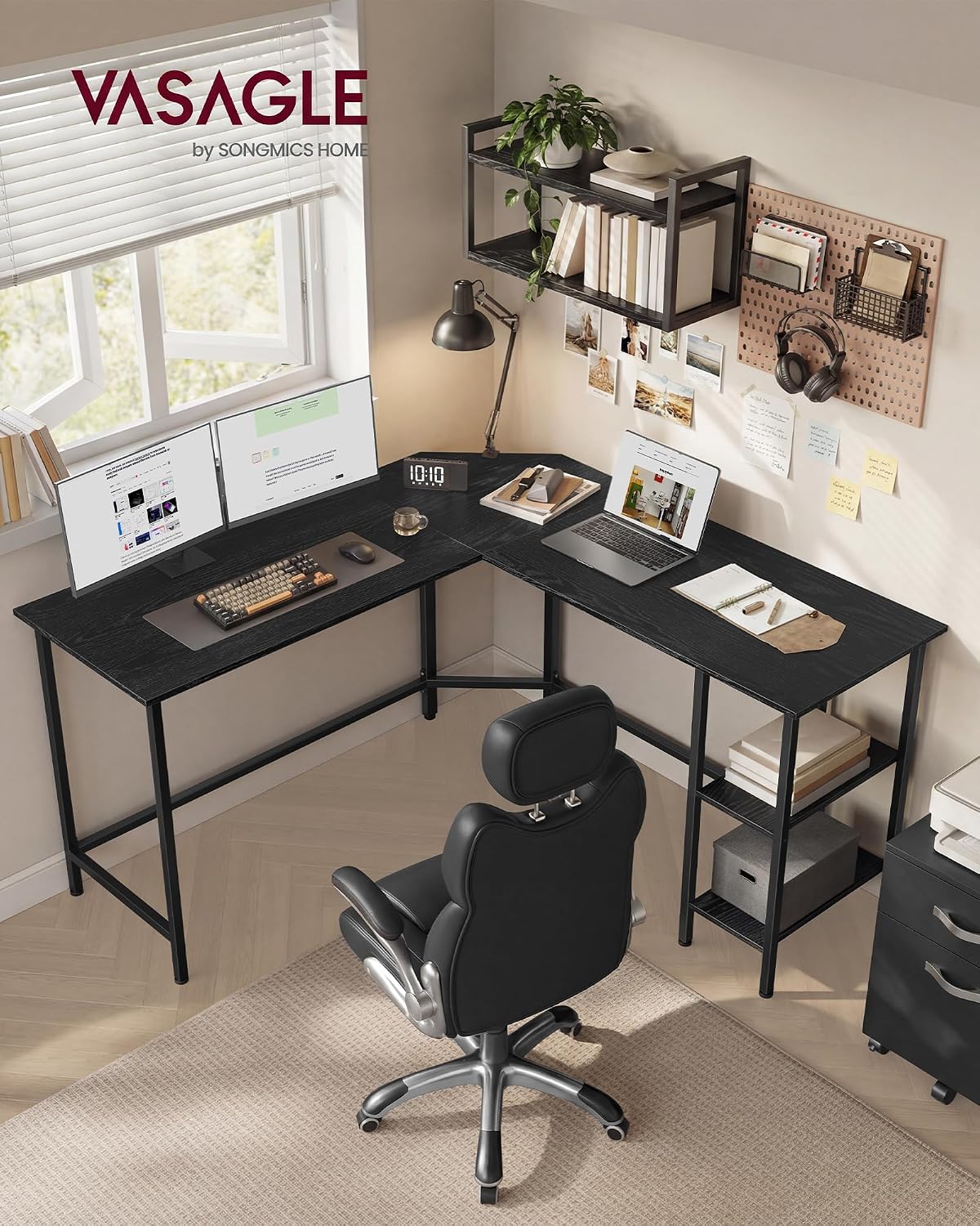 Detalle de VASAGLE BARNET LWD072B56 L-hoekbureau met 2 planken, zwart, 138 x 138 cm