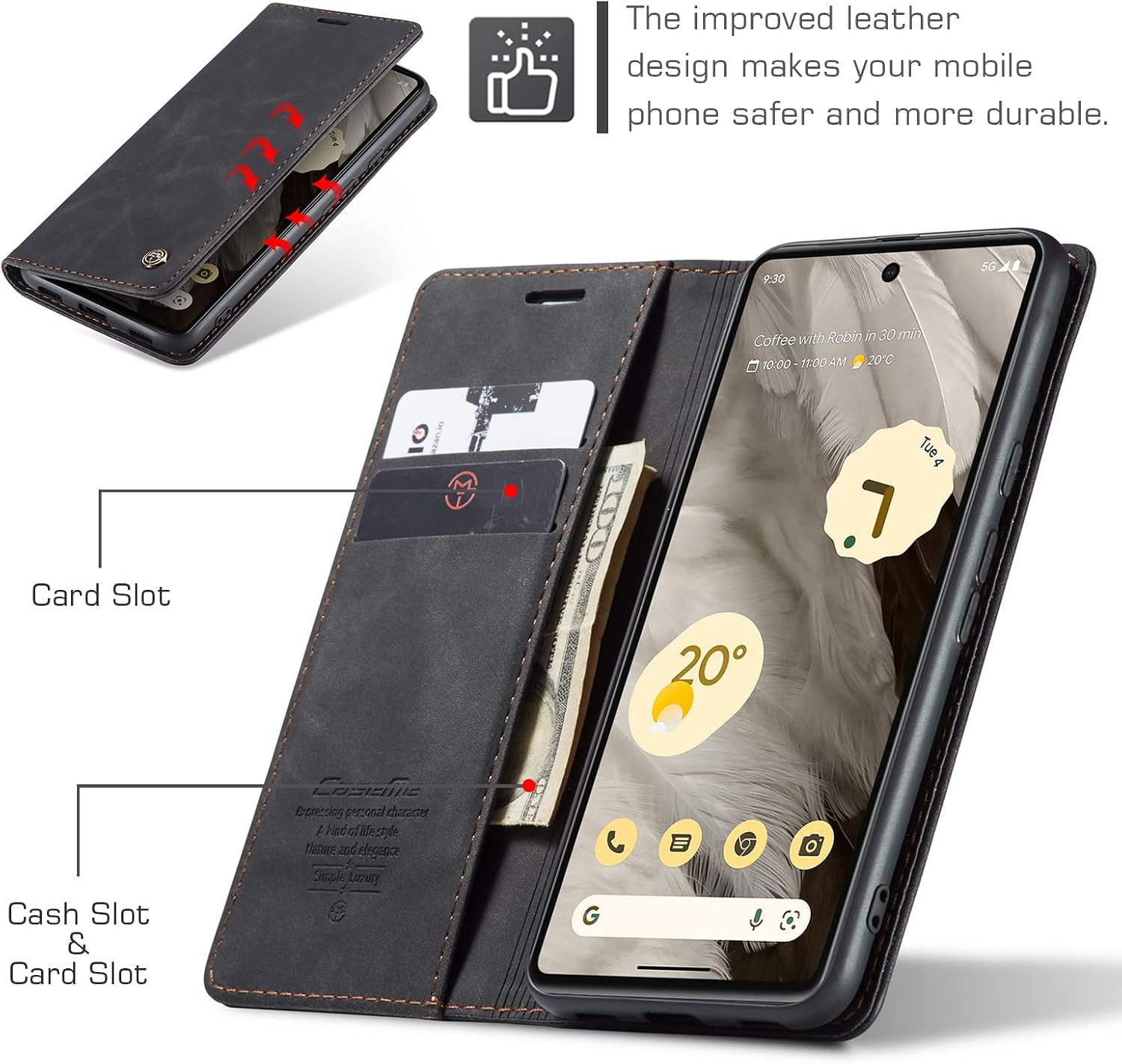 Detalle 2 de Cracedily Handyhülle für Google Pixel 7A – Klapphülle mit Kartenfächern, Magnetverschluss und Standfunktion (Schwarz)
