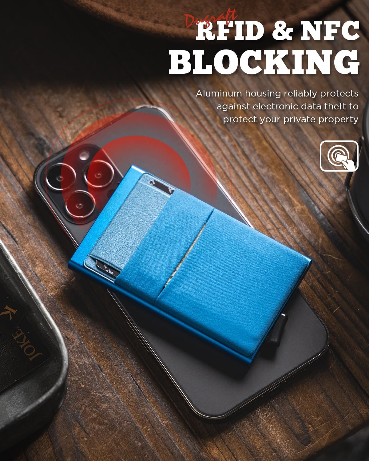 Thumbnail 4 de DUGRAFT slim metal credit card holder wallet with RFID pop-up shield (blue)