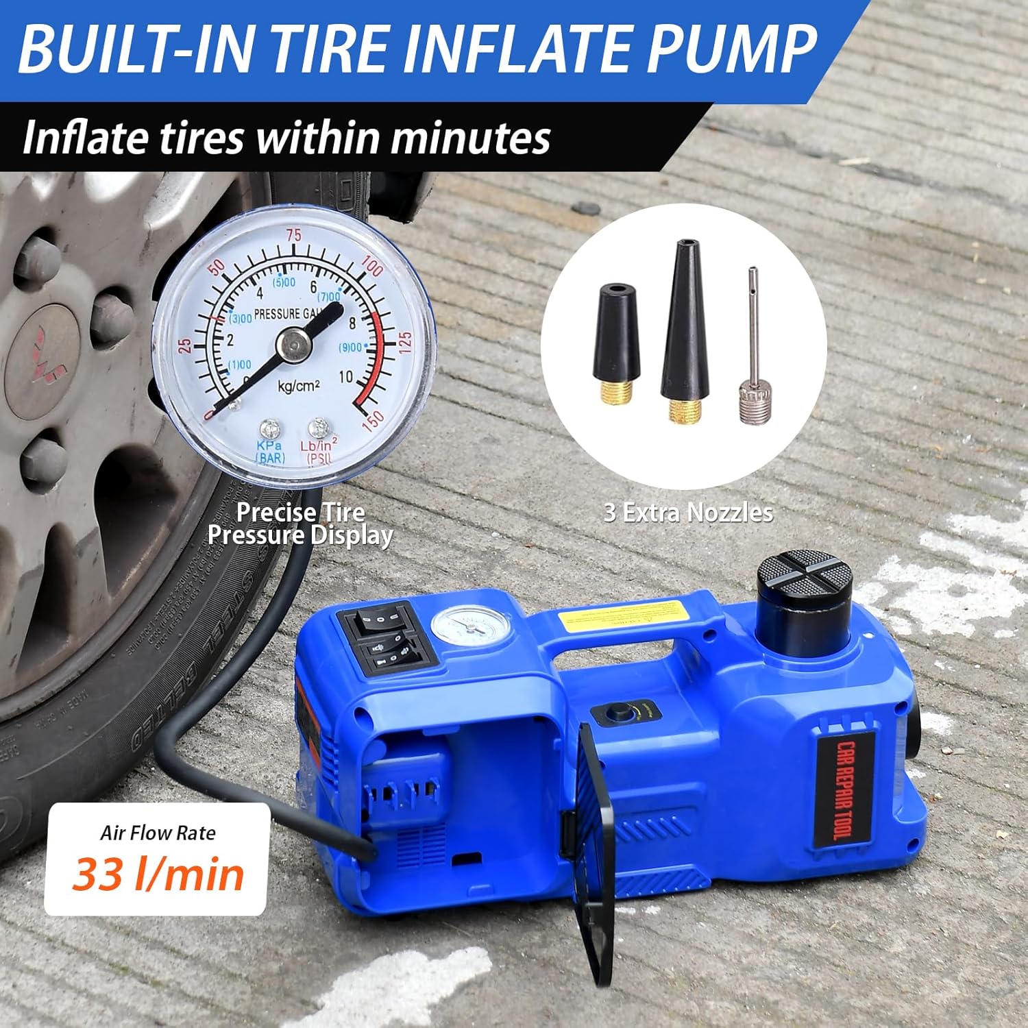 Thumbnail 6 de Electric Car Jack Kit 5 Ton 12V Electric Hydraulic Floor Jack with Built-in Inflator & Impact Wrench (Blue)
