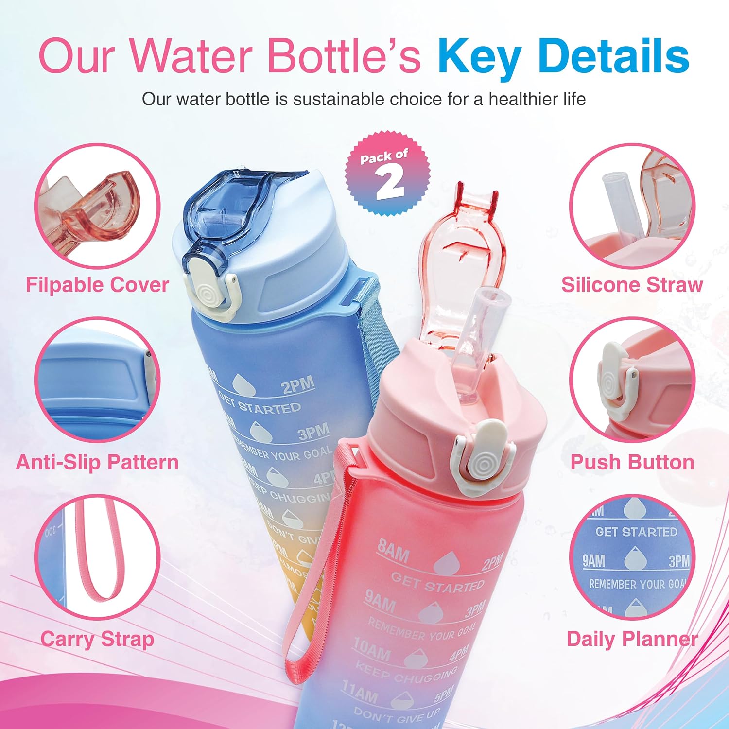 Detalle de Pack of 2 750ml Kids Water Bottles with Straw 🚰
