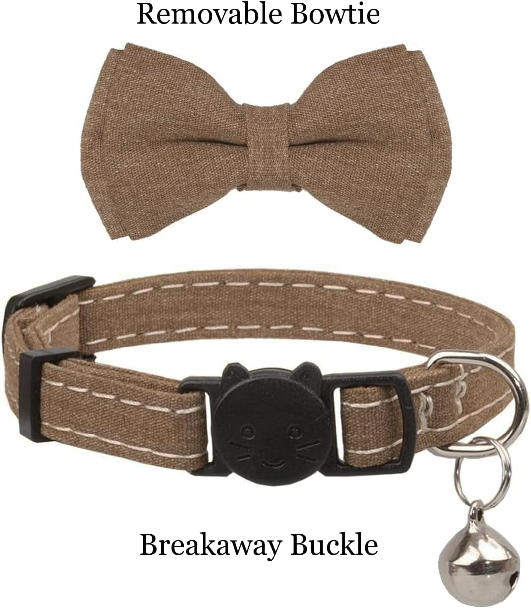 Detalle 2 de Olahibi Breakaway Cat Collar with Safe Release, Removable Bowtie, and Clear Bell (Solid Brown) for Adult Cats