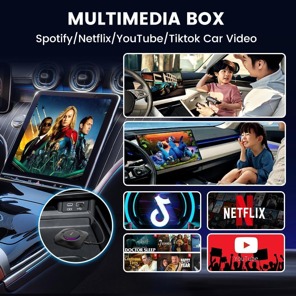 Detalle de CarlinKit AIBox Android 13.0 wireless CarPlay adapter, 4GB RAM, 64GB storage