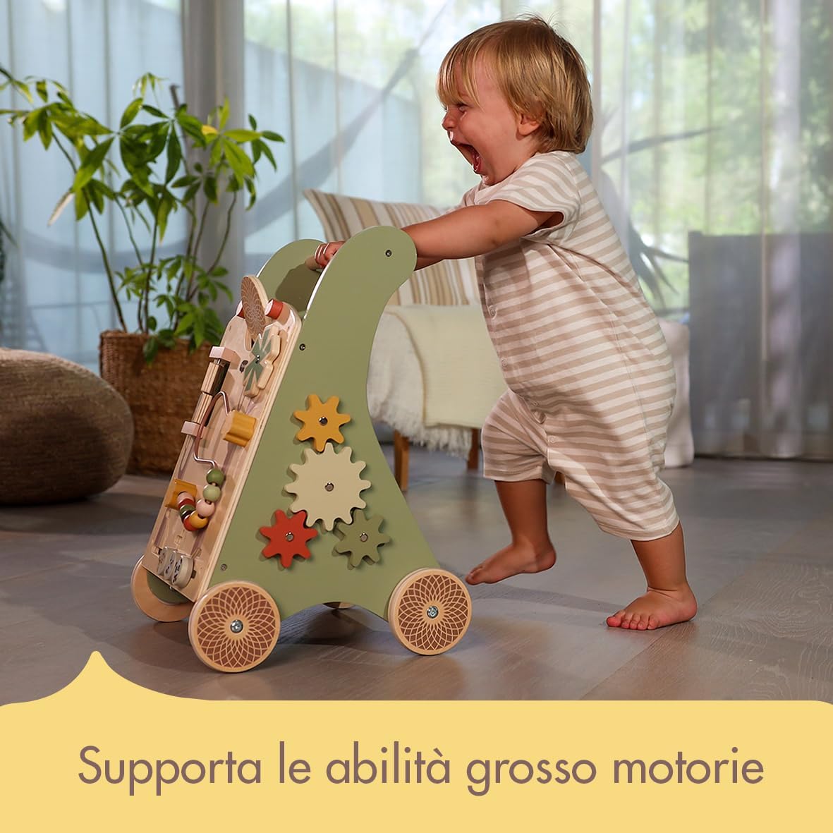 Detalle de Tiny Love Walk Behind Carrello Primi Passi in Legno e Centro Attività Montessori – 12 Giochi Interattivi, Ruote Antiscivolo, 18+ Mesi, Boho Chic