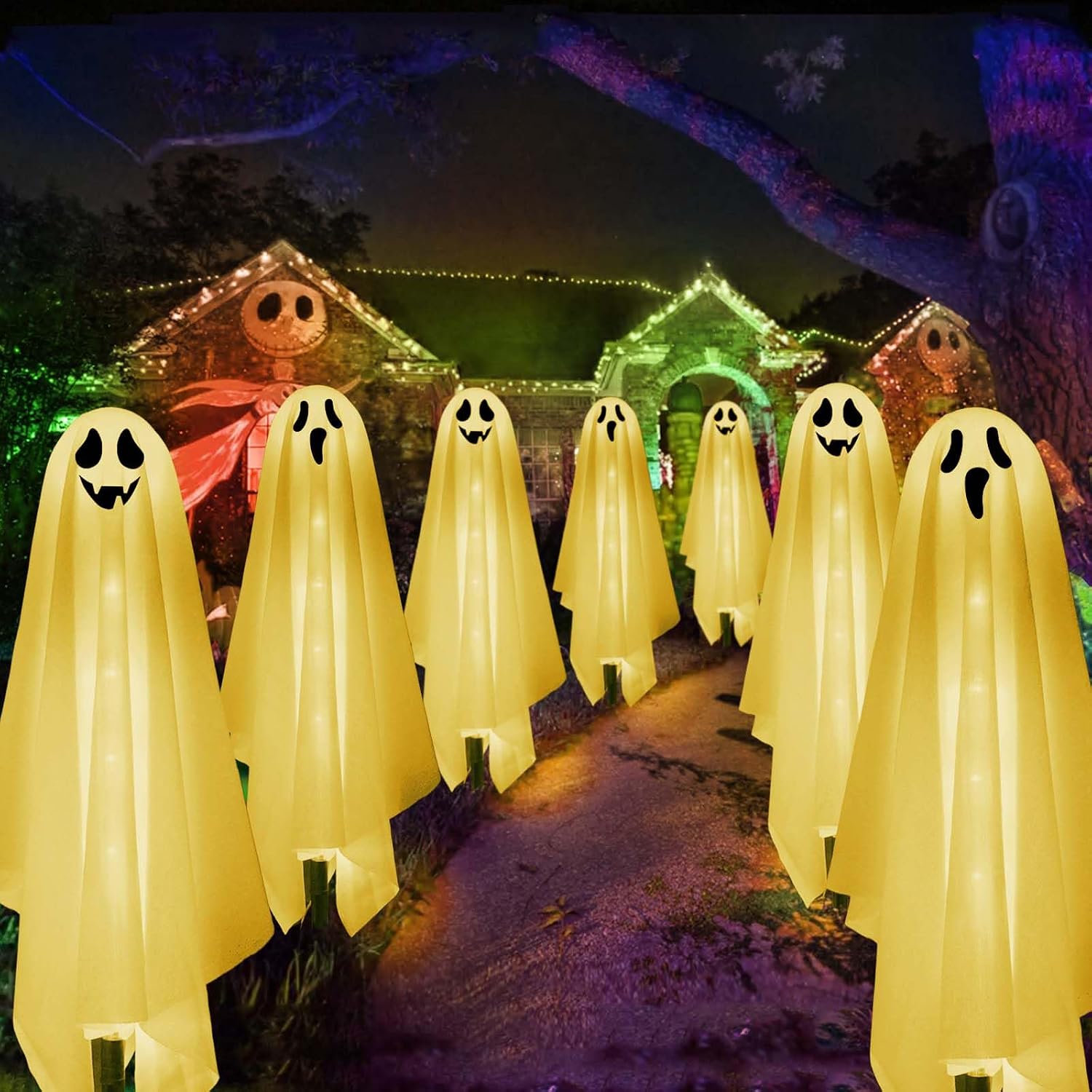 Detalle de Homeleo Set of 6 Solar Ghost Stake Lights, Warm White Outdoor Halloween Decor