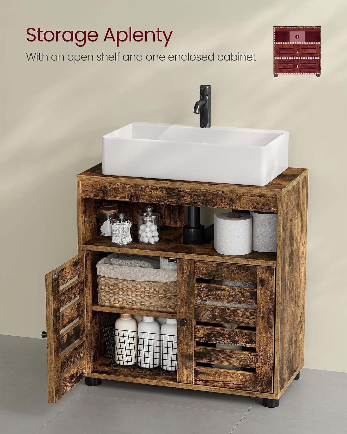 Detalle de VASAGLE BBK04BX Under-Sink Cabinet, Rustic Brown, Adjustable Shelf