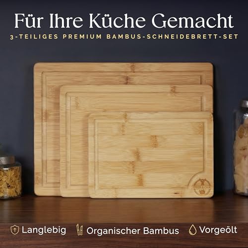Detalle de Deer & Oak Schneidebrett-Set aus Bambus 3-teilig – vorgeölt, mit Saftrille und Griffen