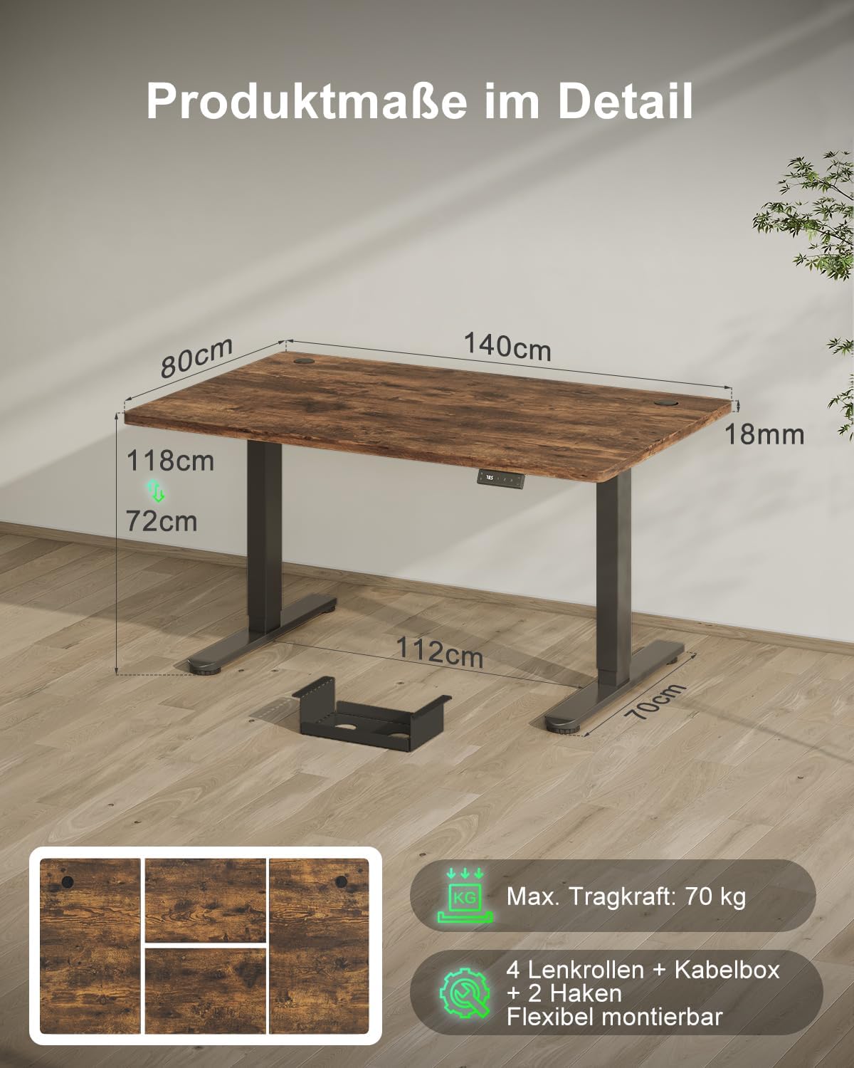 Detalle 2 de Devoko Höhenverstellbarer Schreibtisch 140x80cm – elektrisch, höhenverstellbar, Typ-C Ladeanschluss, Kabelmanagement, Vintage-Braun