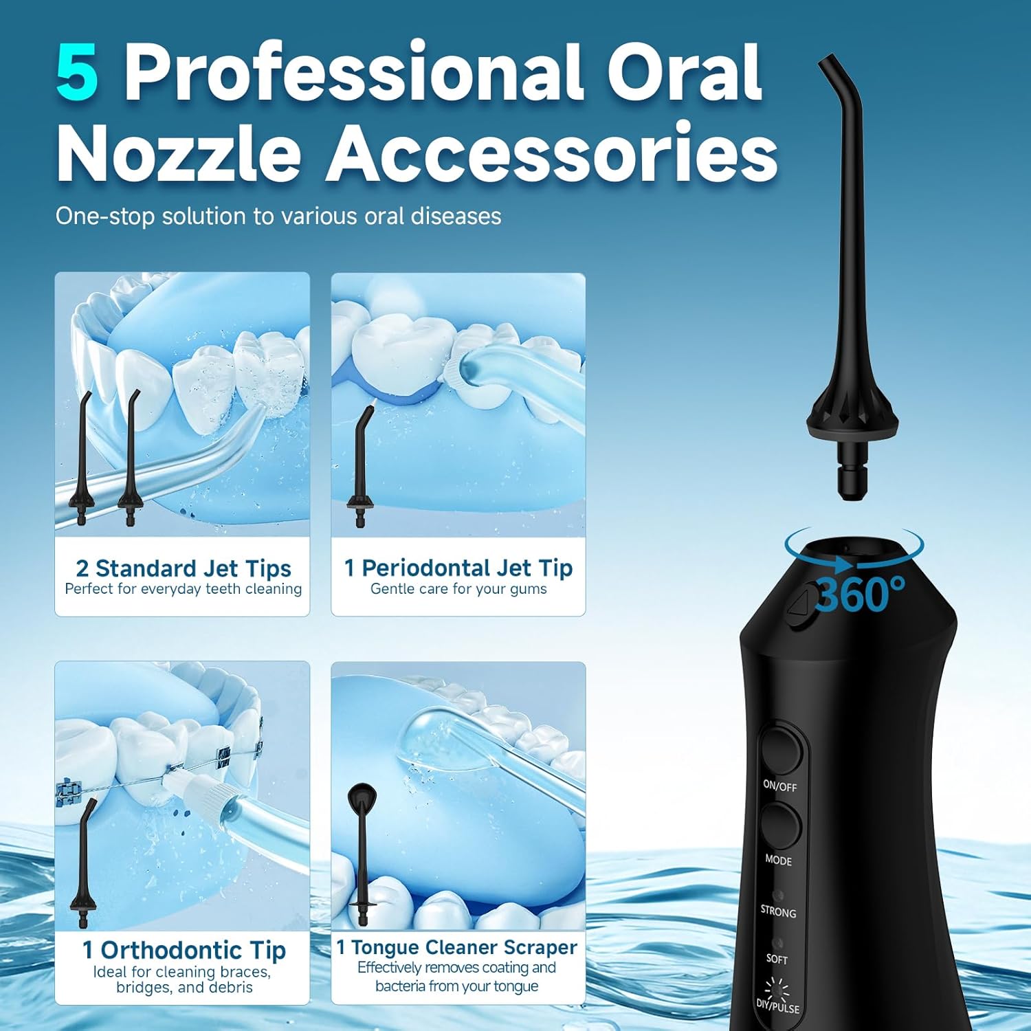 Thumbnail 2 de RUMFFLYE Irrigador Dental Portátil Inalámbrico: 12 Modos, 5 Boquillas y 300 ml de Agua