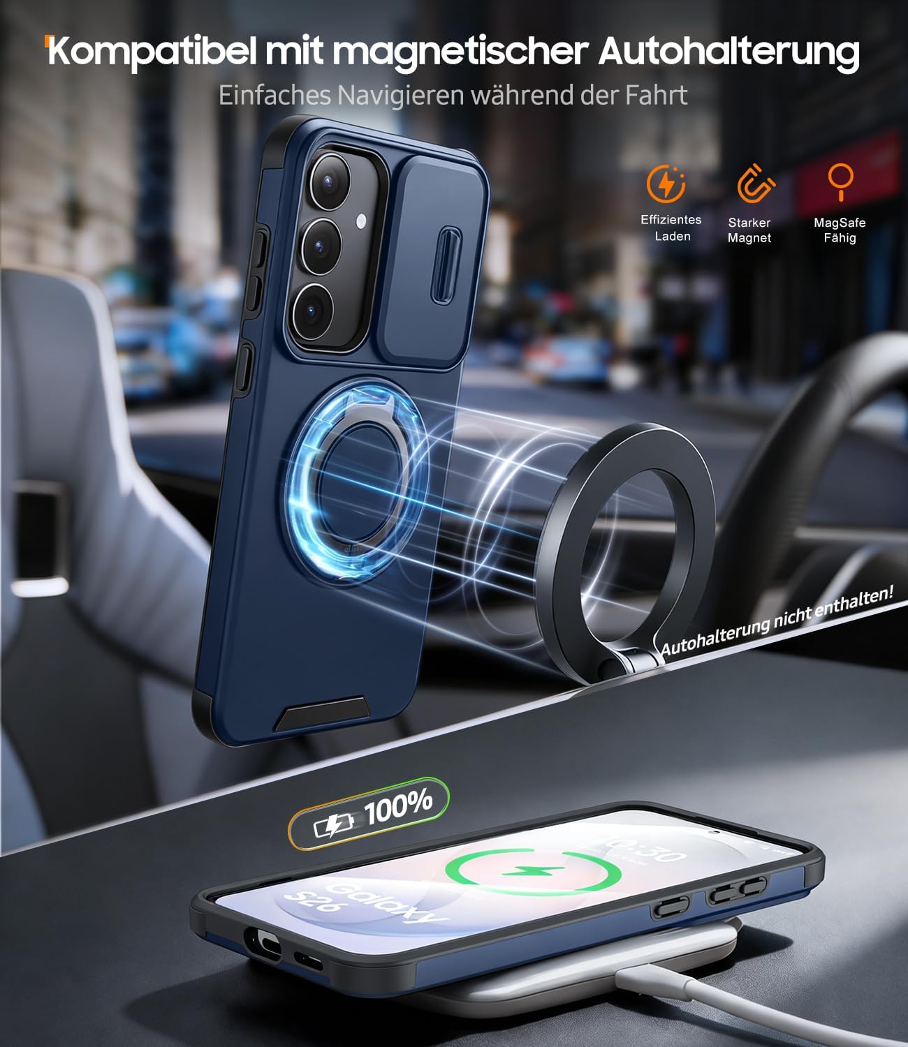 Detalle de AOUIA Hülle für Samsung Galaxy S25 FE mit 2× Panzerglas, Kameraschutz & 360° Ring-Kickstand – stoßfest, blau