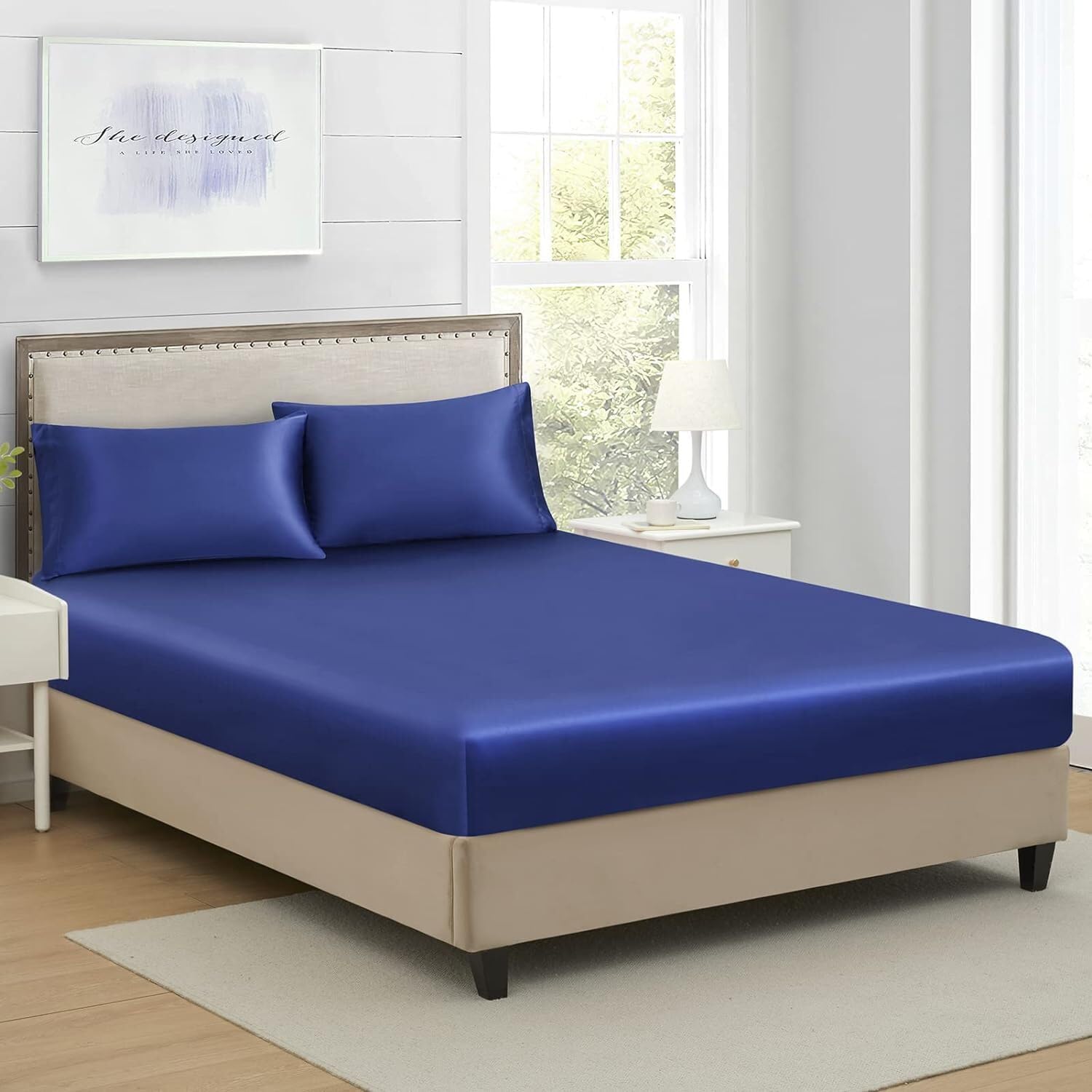 Detalle de Drap Housse 180x200 cm Bonnet 30 cm Bleu Marine – Satin Microfibre, Respirant et Élégant