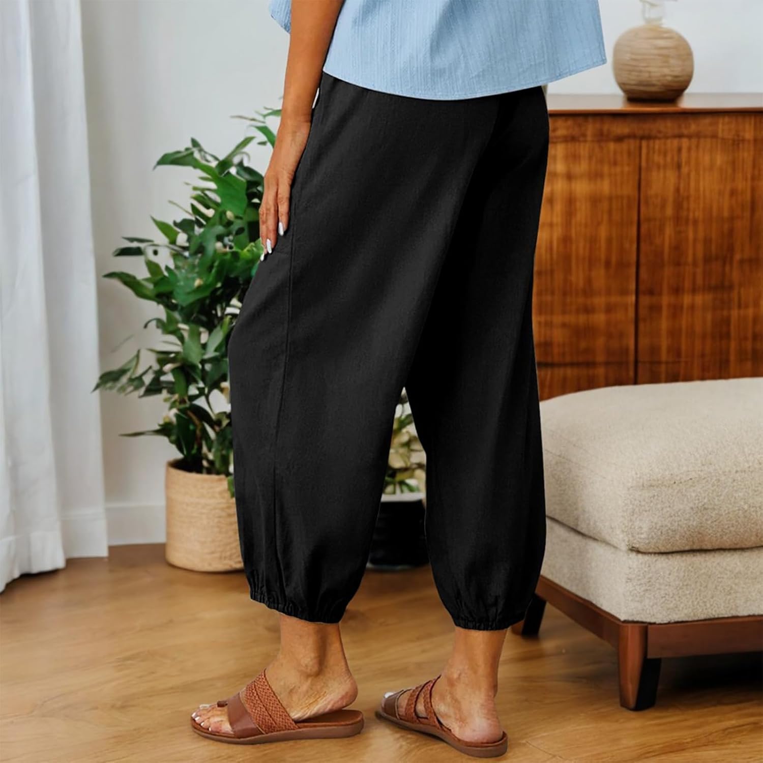 Thumbnail 1 de CrystErzoix Pantaloni Donna Estivi Leggeri in Cotone - 7/8 a Gamba Larga con Elastico in Vita