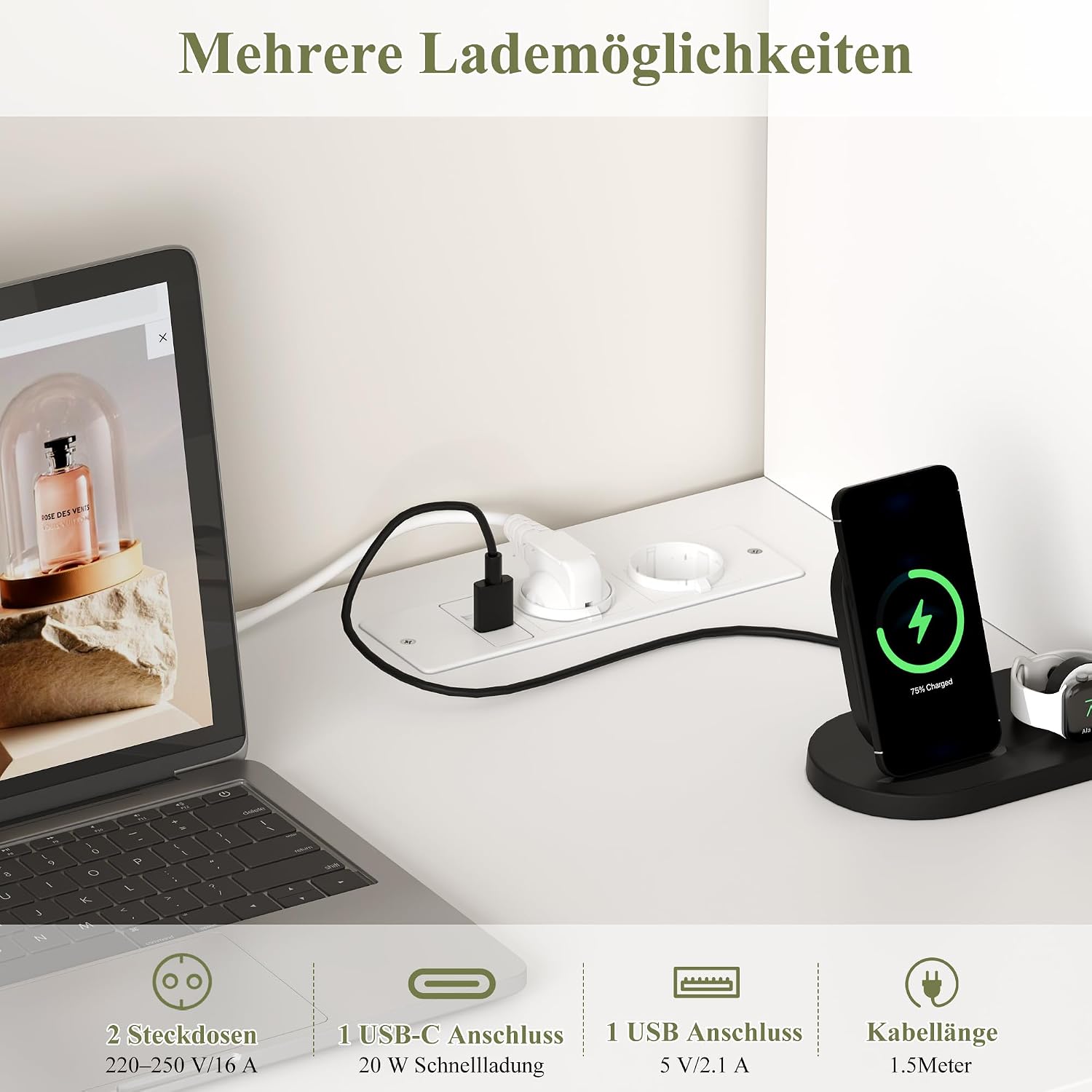 Thumbnail 6 de FirFurd Eckschreibtisch mit Steckdosenleiste – L‑Form, 153 x 125 x 108 cm, weiß