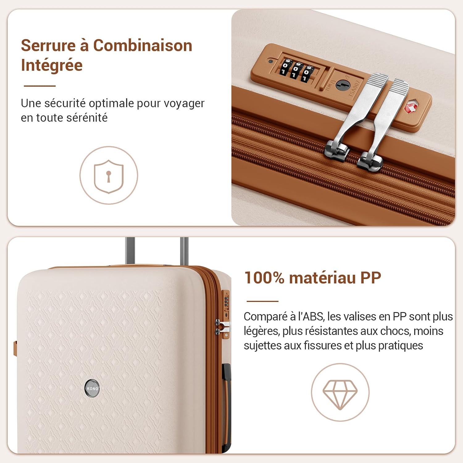 Detalle de Kono valise cabine extensible rigide en polypropylène avec 4 roulettes et serrure TSA (crème/marron)