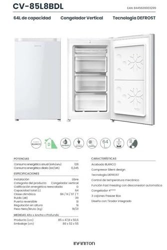 Detalle de INFINITON Congelador Vertical CV-85L8BDL, 64 L, 85 cm, Blanco — Puerta reversible