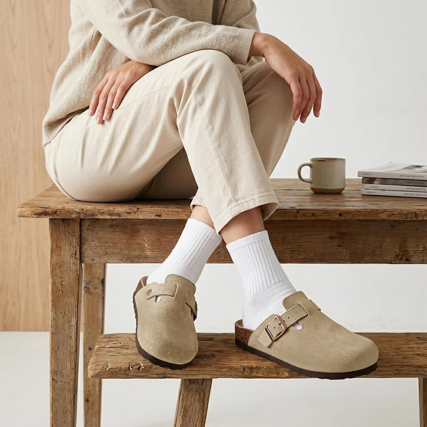 Detalle de ORADO Genuine Suede Clogs with Cork Footbed, Arch Support and Buckle