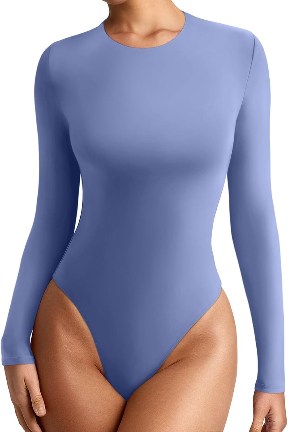Detalle de REORIA Women's Crew Neck Long Sleeve Bodysuit, Slim Fit Lightweight Layering Top