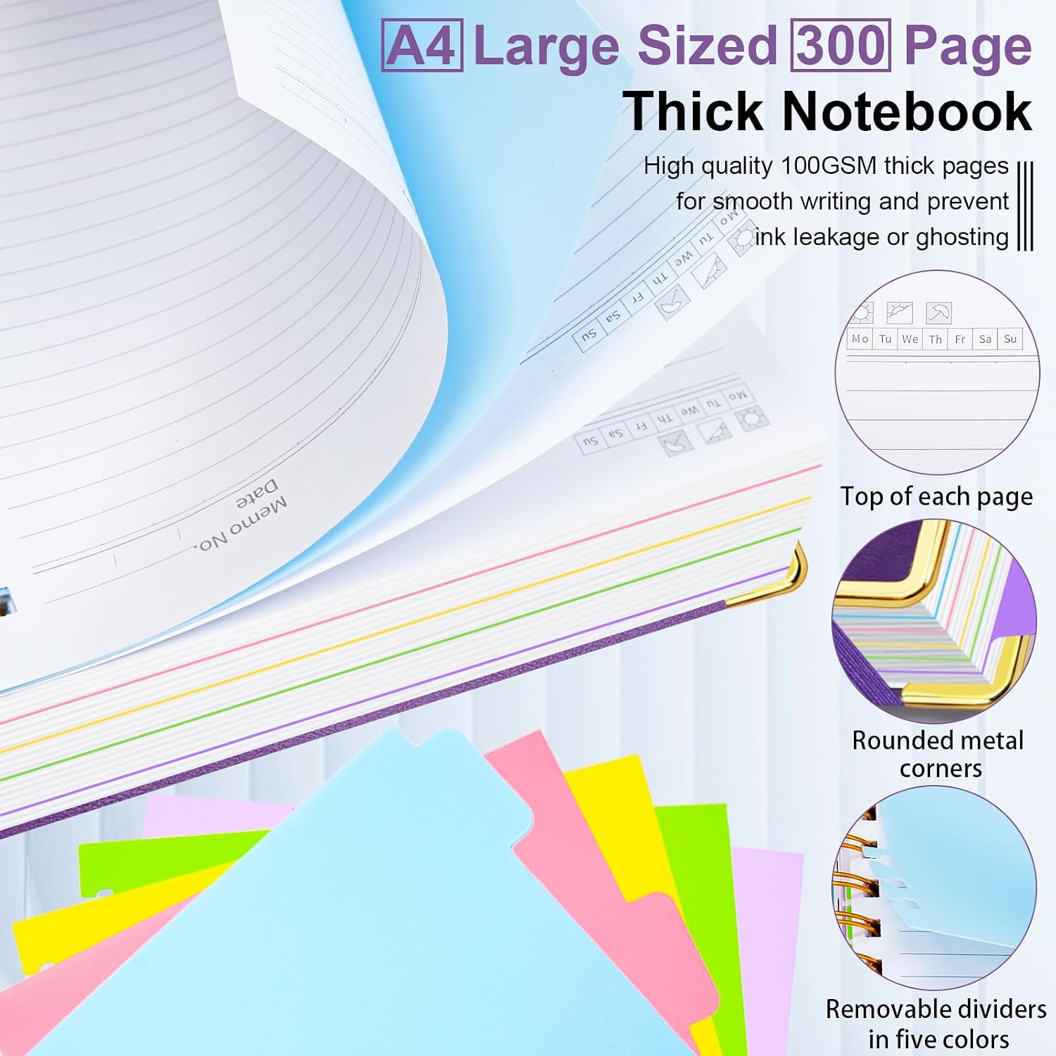 Detalle 2 de GDGDSY College Ruled 8.5" x 11" Spiral Notebook, 300 Pages, 5 Subjects