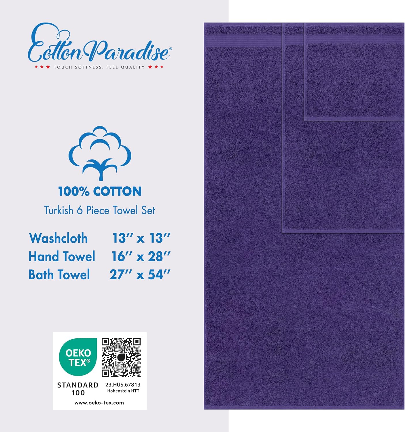 Detalle de Cotton Paradise 6 Piece Turkish Towel Set (Purple) — 100% Cotton, 600 GSM