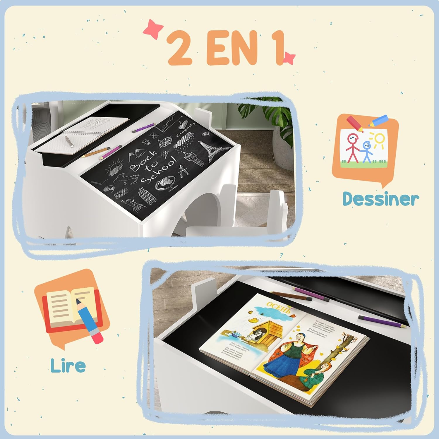 Detalle de AIYAPLAY Ensemble table et 2 chaises 3 pièces pour enfants (3 à 8 ans) avec plateau tableau noir, blanc