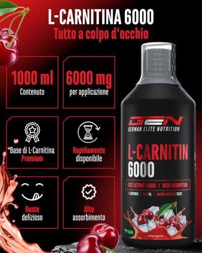 Detalle de L-Carnitina 6000 Liquid 1000 ml di GEN German Elite Nutrition – Cherry Madness, vegano e ad alto dosaggio
