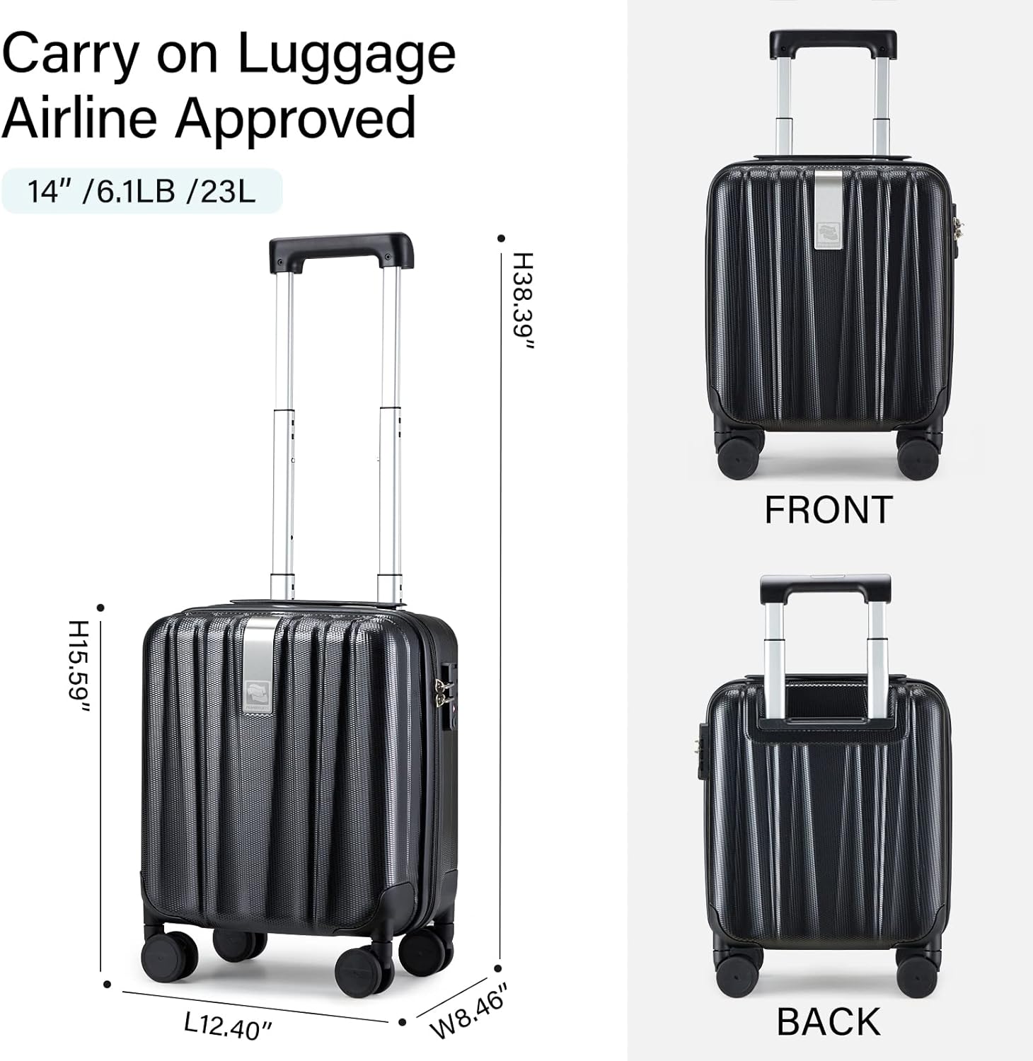 Detalle 2 de Hanke 14 Inch Hardshell Cabin Suitcase (Airline Approved) with TSA Lock and Dual Spinner Wheels, Jet Black