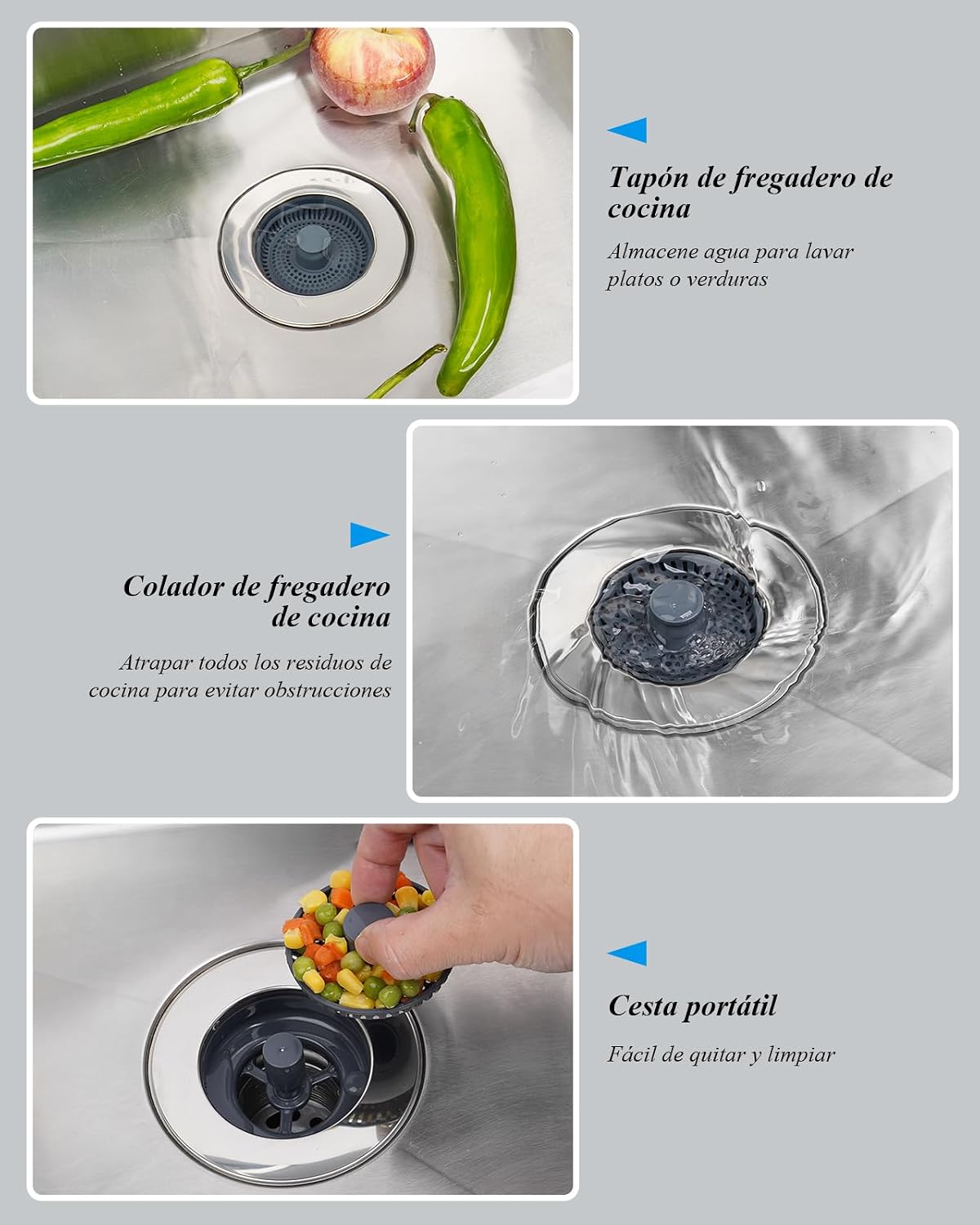 Detalle de Hibbent Colador de Fregadero 3 en 1 con Tapón y Cesta anti-obstrucciones